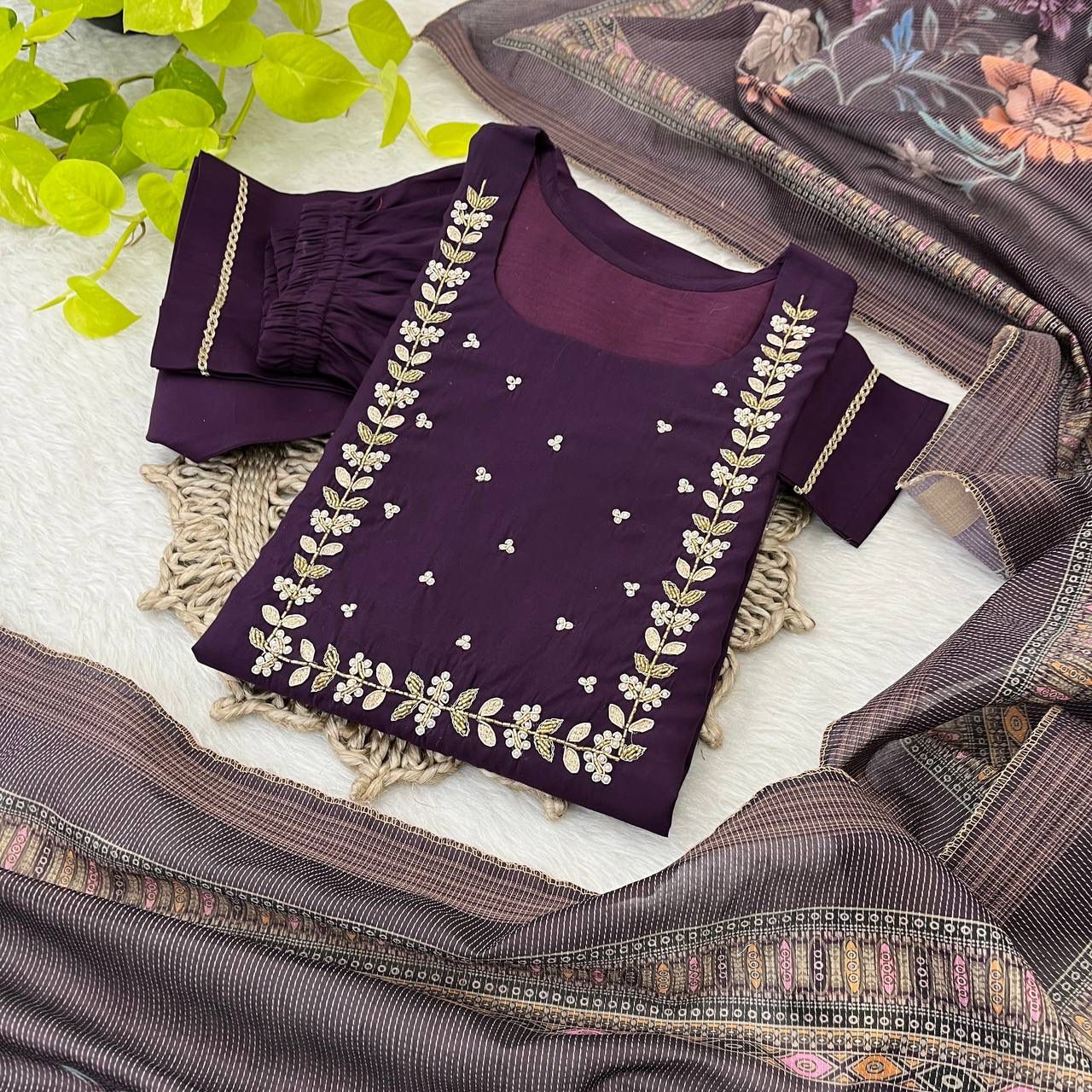 Graceful Roman Silk Handworked Anarkali Pant Suit With Dupatta - Ethnicwish