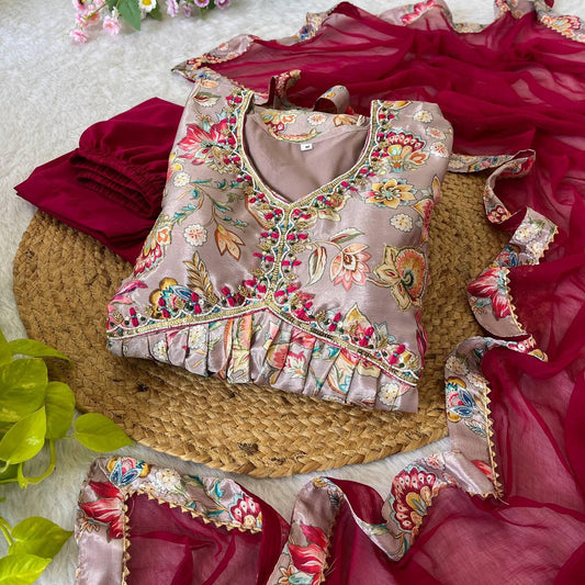 Alluring Soft Chinon Floral Printed Handworked Festival Wear Suit - Ethnicwish