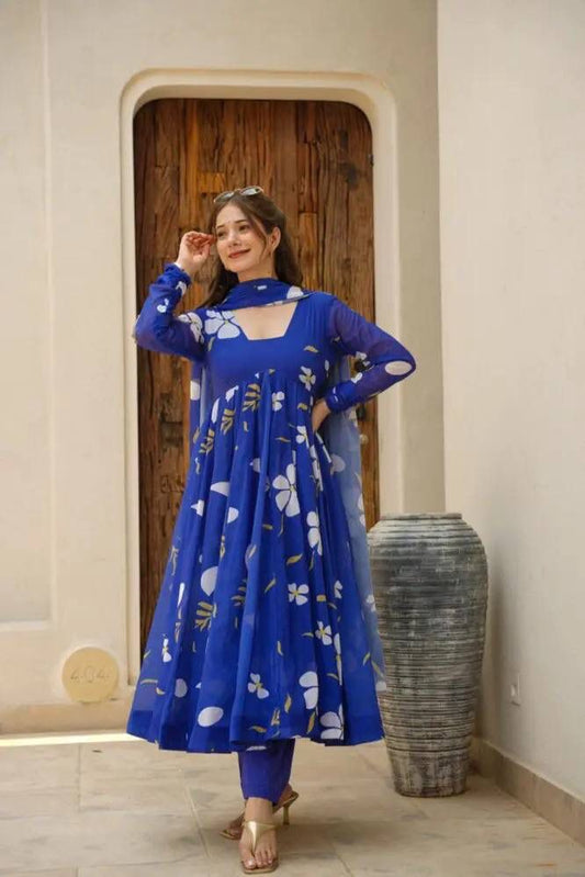Delightful Blue Faux Georgette Floral Printed Anarkali Pant Suit - Ethnicwish