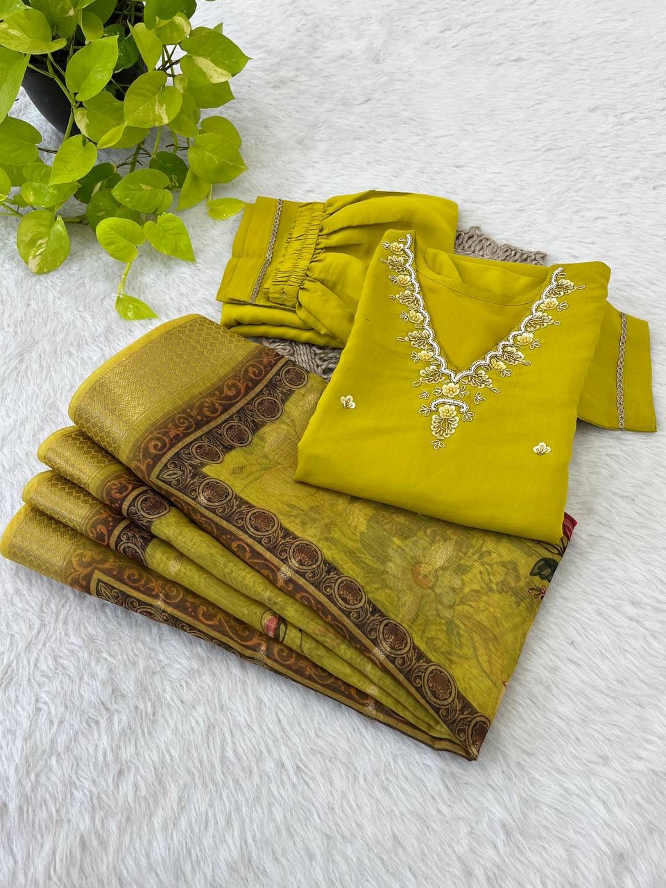 Magnificent Neon Chiffon Handcrafted Anarkali Pant Suit - Ethnicwish