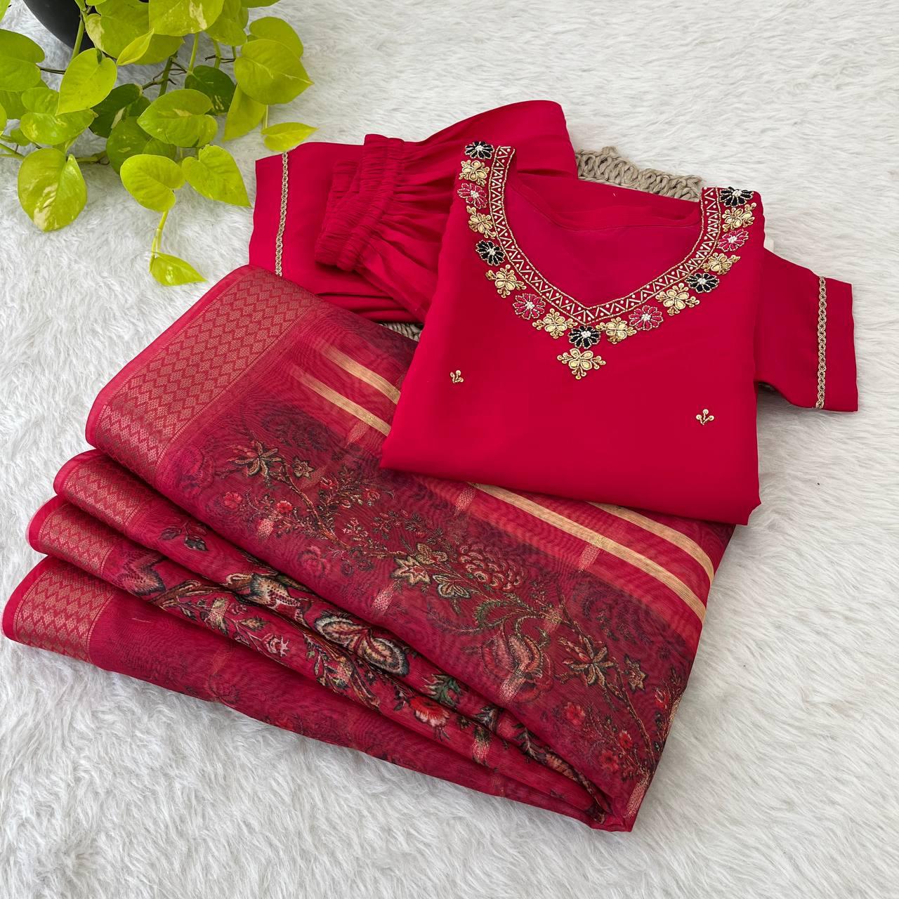 Dashing Red Roman Silk Handcrafted Anarkali Pant Suit - Ethnicwish