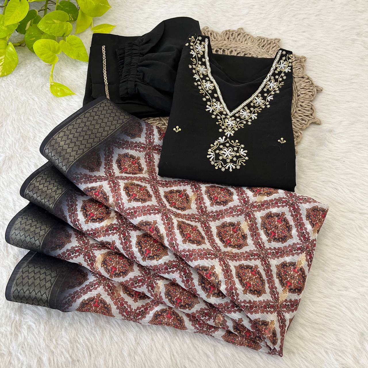 Breathtaking Black Roman Silk Handcrafted Anarkali Pant Suit - Ethnicwish