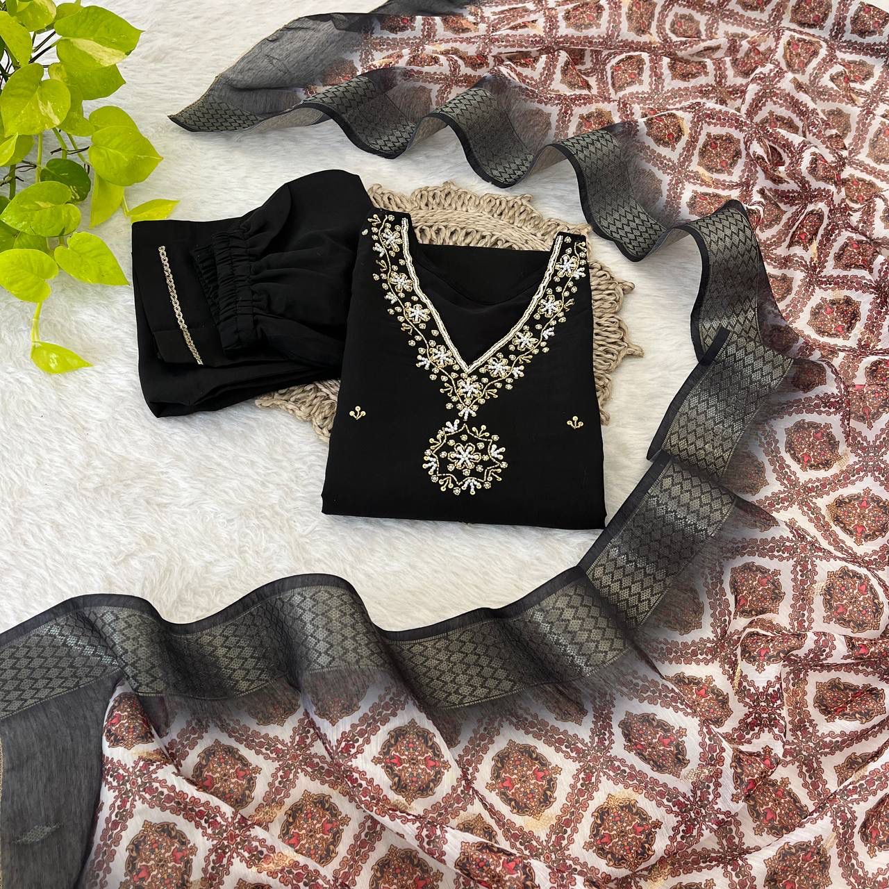 Breathtaking Black Roman Silk Handcrafted Anarkali Pant Suit - Ethnicwish