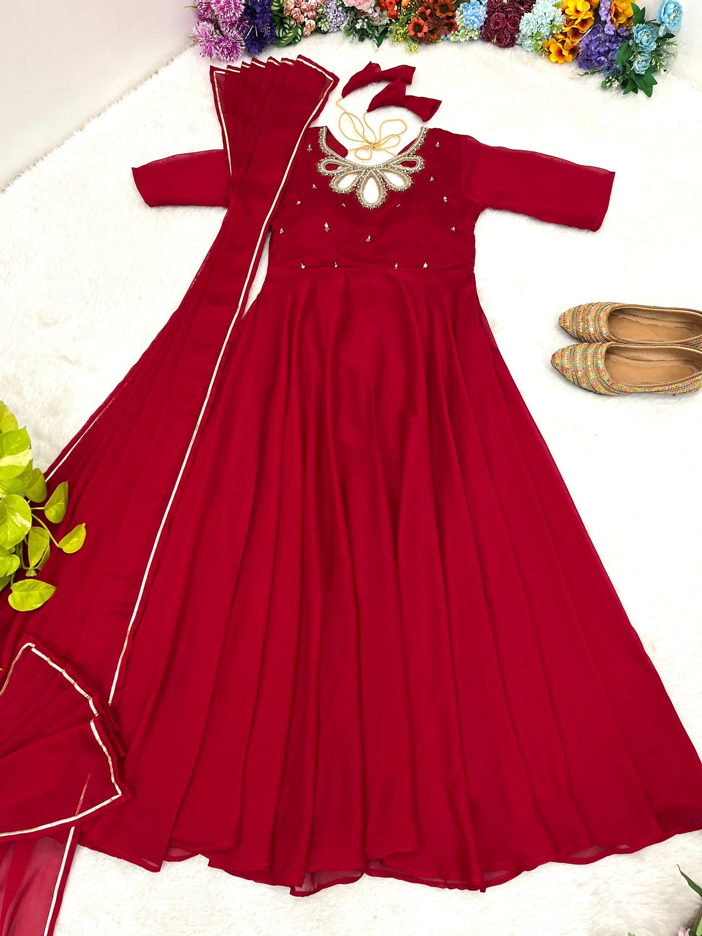 Resplendent Rangoli Georgette Fancy Neck Handworked Gown - Ethnicwish