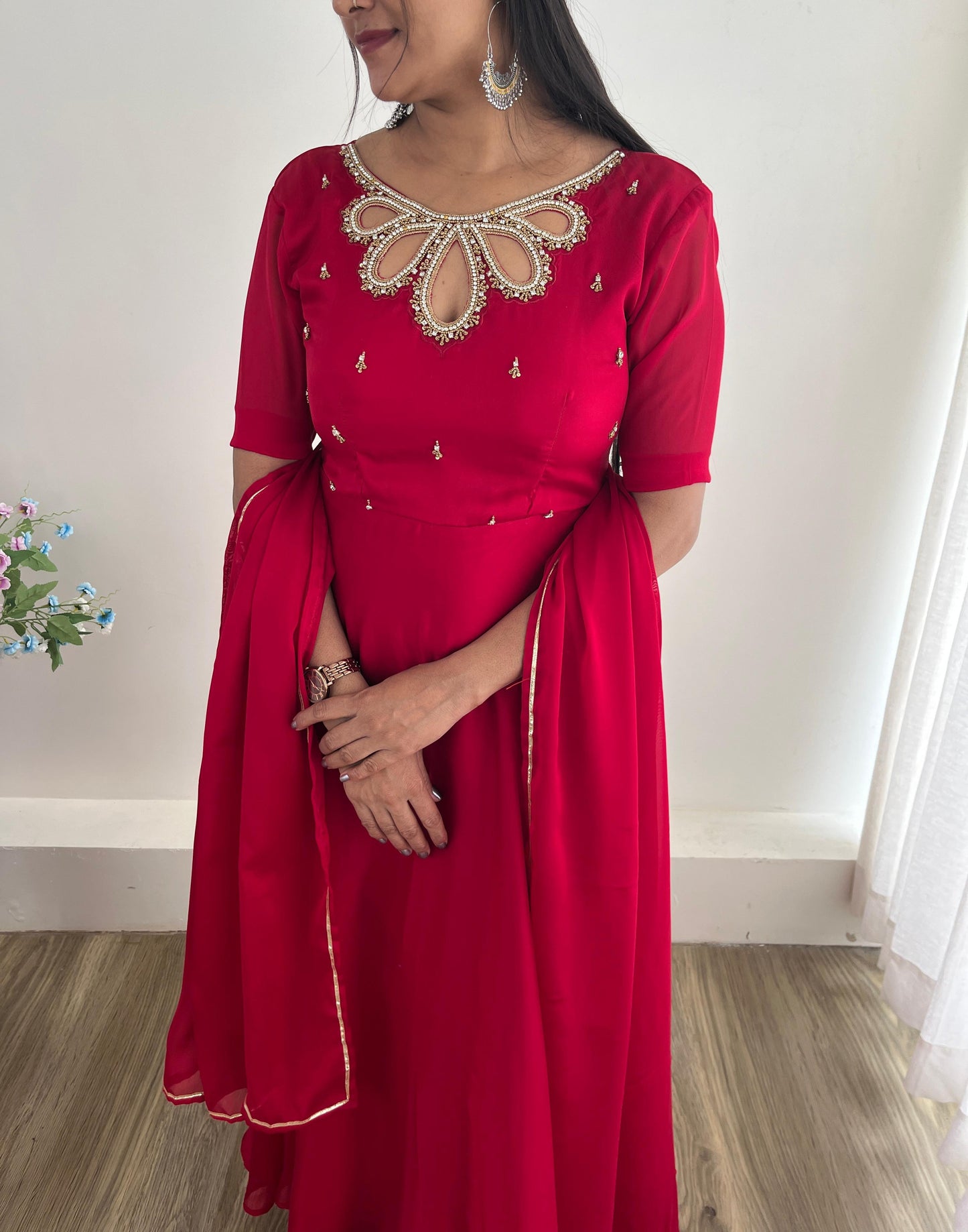 Resplendent Rangoli Georgette Fancy Neck Handworked Gown - Ethnicwish