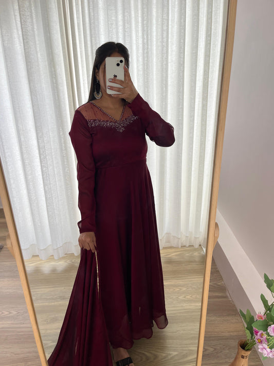 Stylish Maroon Red Rangoli Georgette Handworked Gown With Dupatta - Ethnicwish