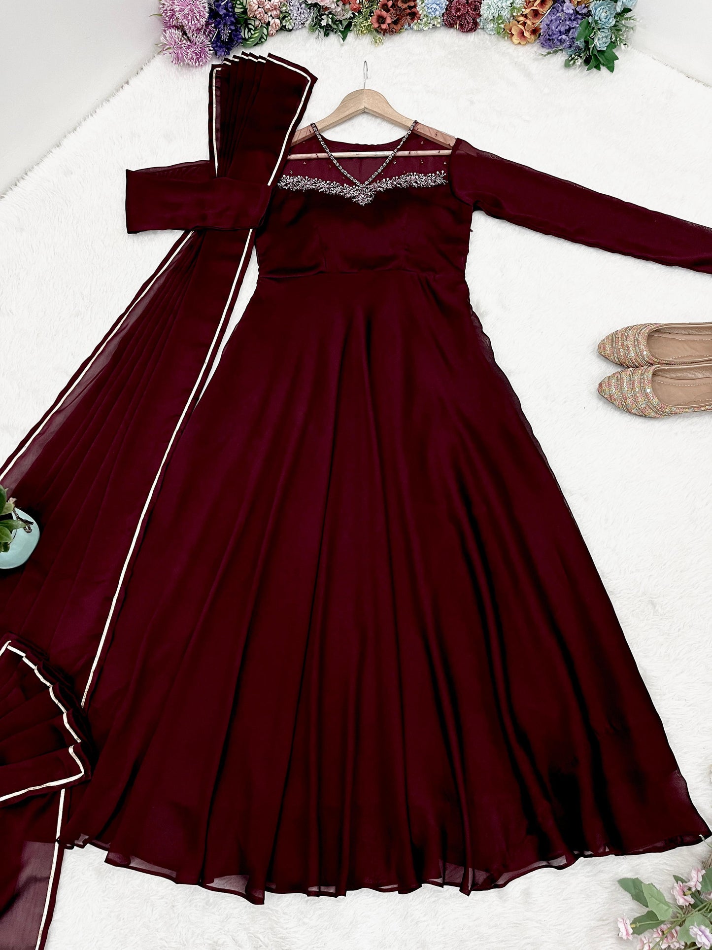 Stylish Maroon Red Rangoli Georgette Handworked Gown With Dupatta - Ethnicwish