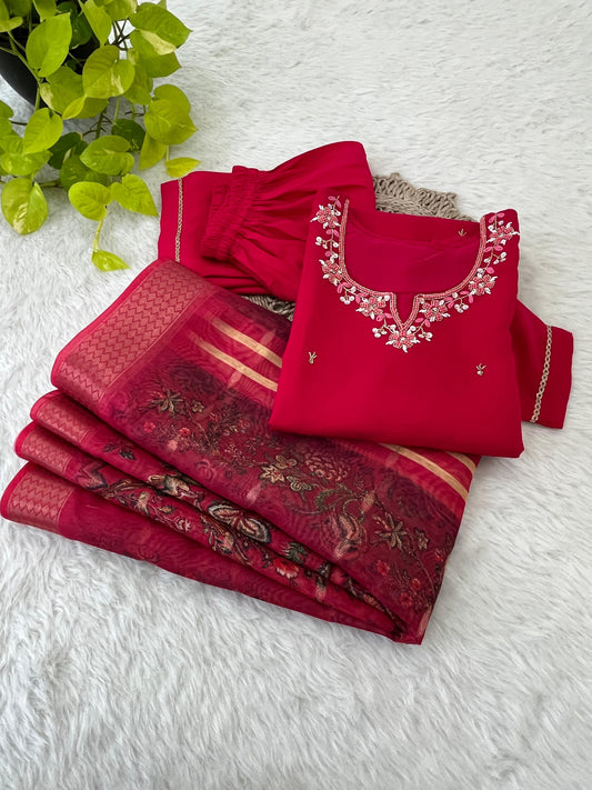 Appealing Red Roman Silk Handworked Anarkali Pant Suit - Ethnicwish