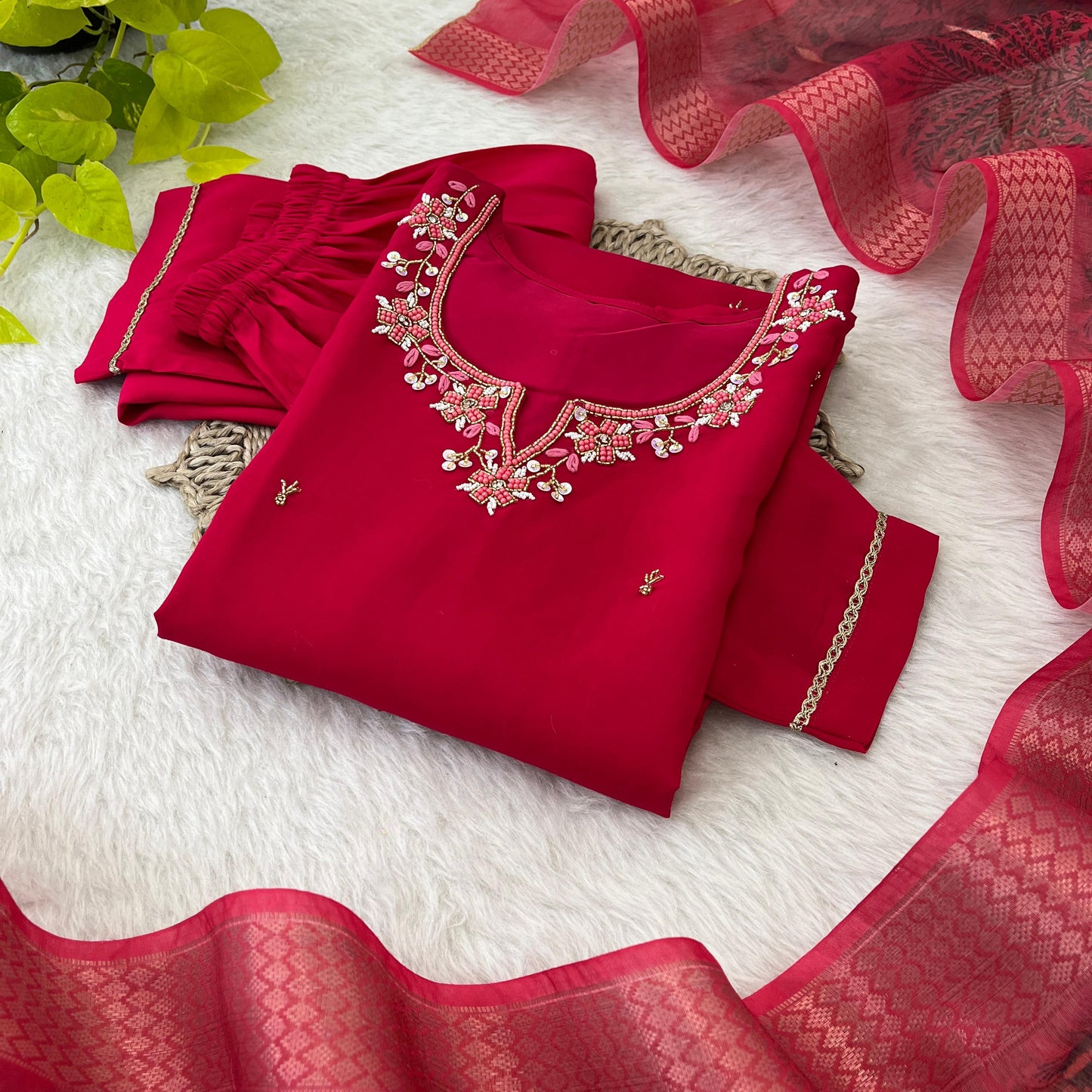 Appealing Red Roman Silk Handworked Anarkali Pant Suit - Ethnicwish