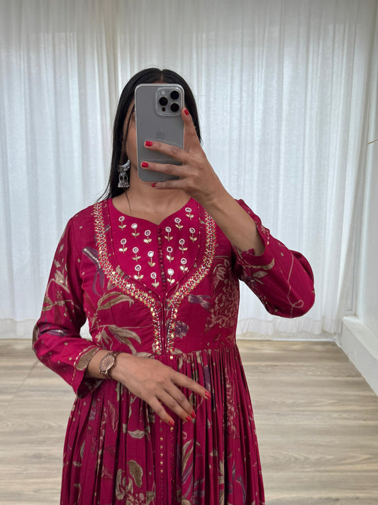 Enamoring Rani Roman Silk Handworked Fully Stitched Designer Gown - Ethnicwish