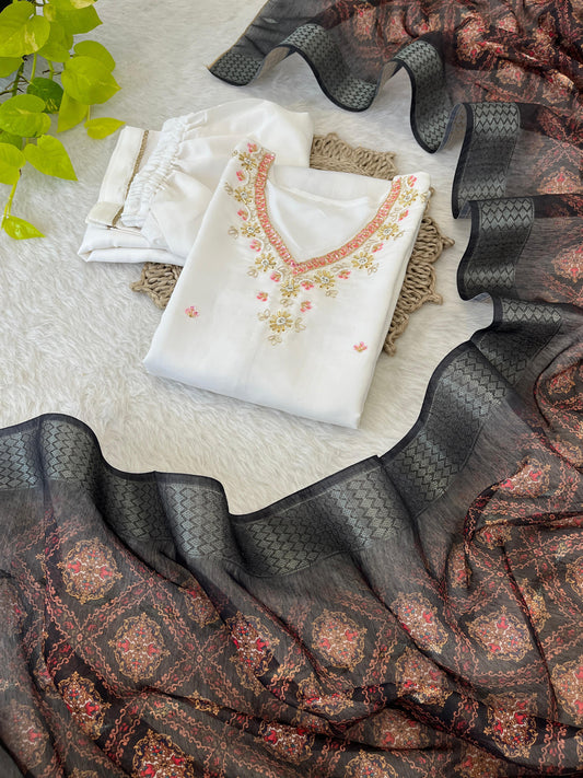 Chic White Roman Silk Handcrafted Anarkali Pant Suit - Ethnicwish