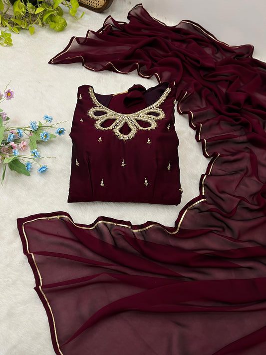 Fabulous Wine Rangoli Georgette Fancy Neck Handworked Gown - Ethnicwish