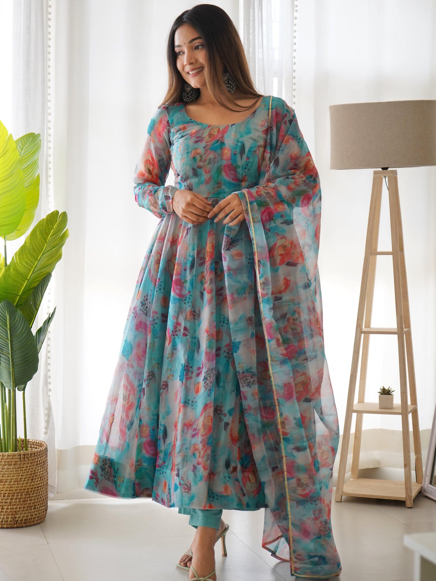 Elegant Soft Organza Silk Floral Designer Anarkali Pant Suit - Ethnicwish