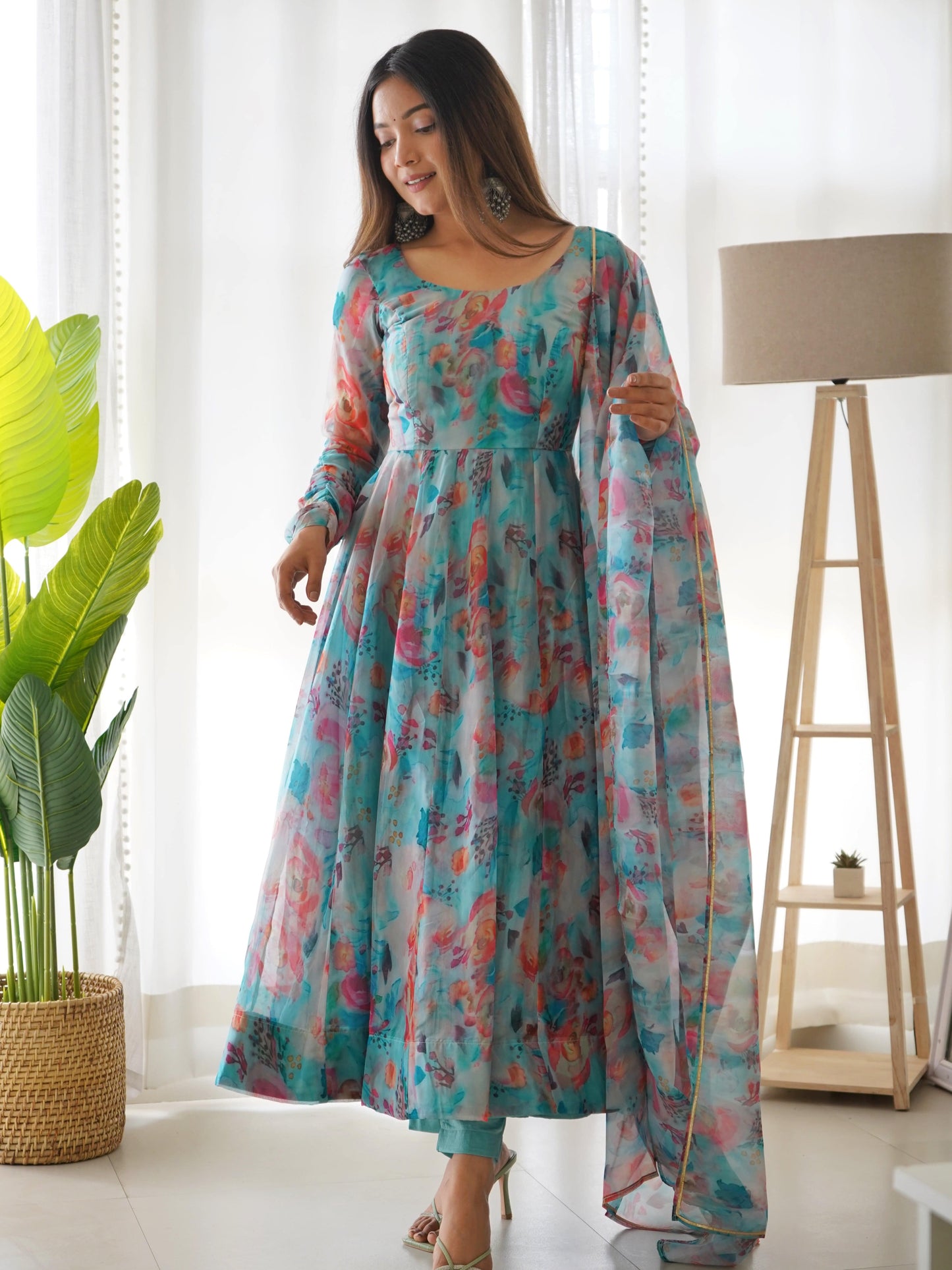 Elegant Soft Organza Silk Floral Designer Anarkali Pant Suit - Ethnicwish