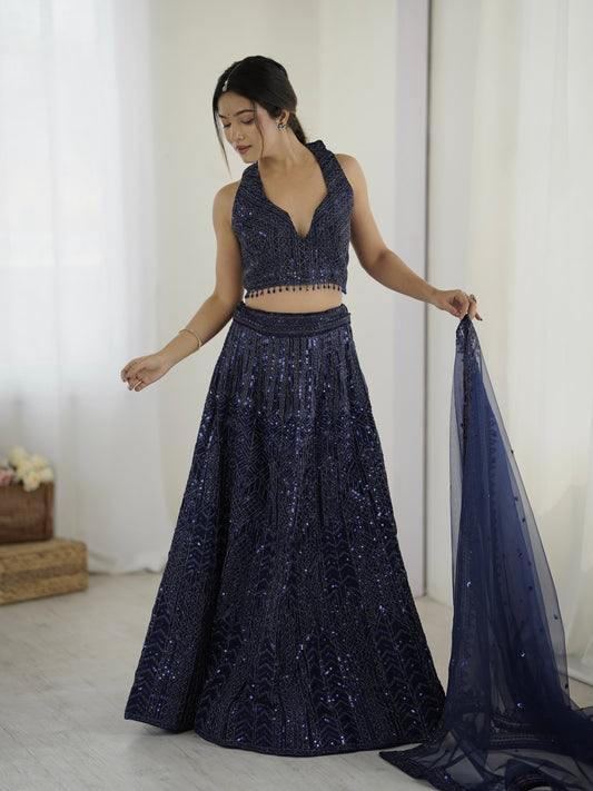 Amazing Navy Blue Heavy Sequins Dori Worked Net Lehenga Choli