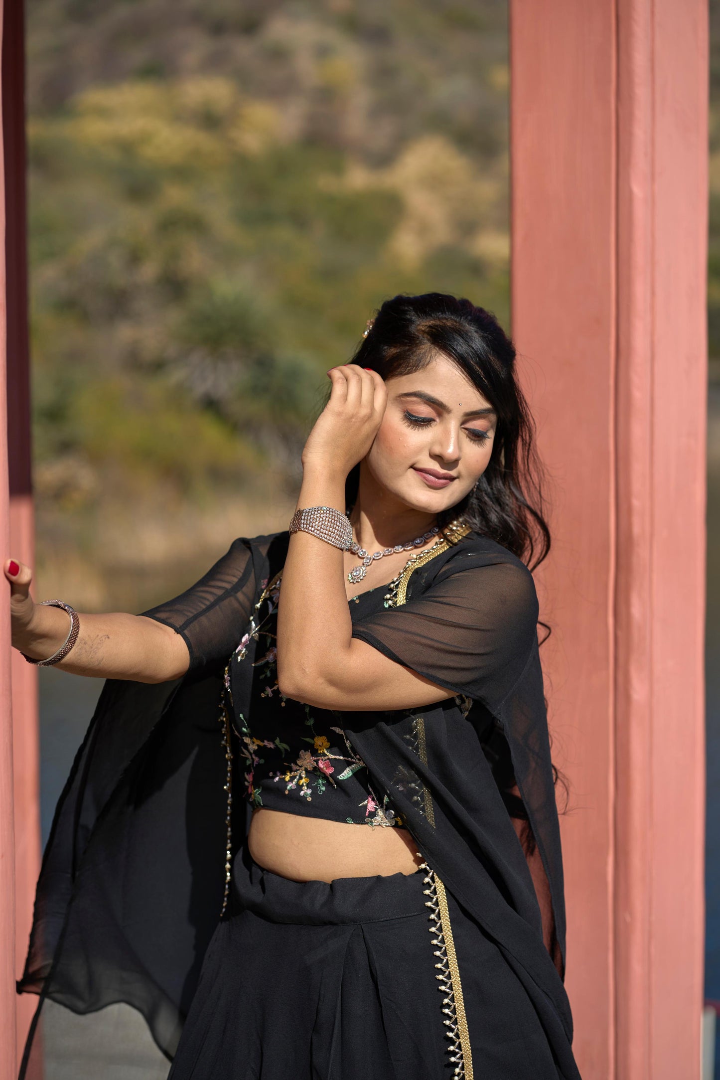 Classic Black Georgette Embroidered Blouse Lehenga Koti Set - Ethnicwish