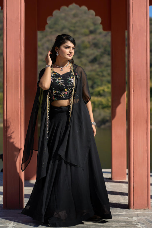 Classic Black Georgette Embroidered Blouse Lehenga Koti Set - Ethnicwish