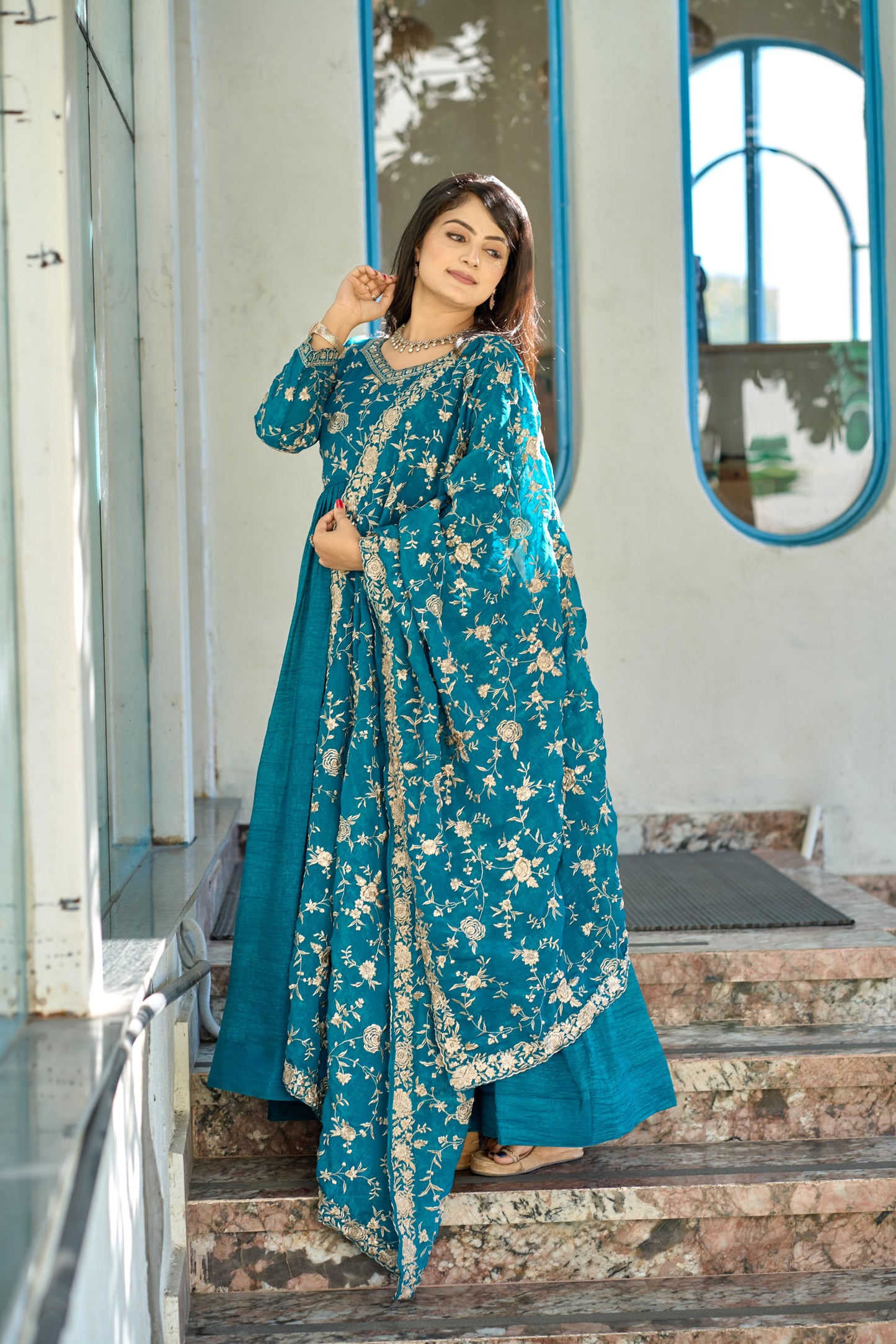 Exquisite Rama Colored Pure Crunchy Embroidered Gown With Dupatta - Ethnicwish