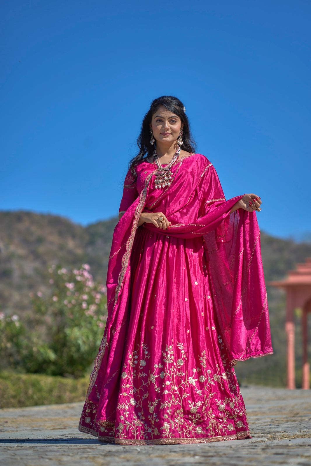 Elegant Chinon Thread Zari Embroidered Lehenga Choli Set - Ethnicwish