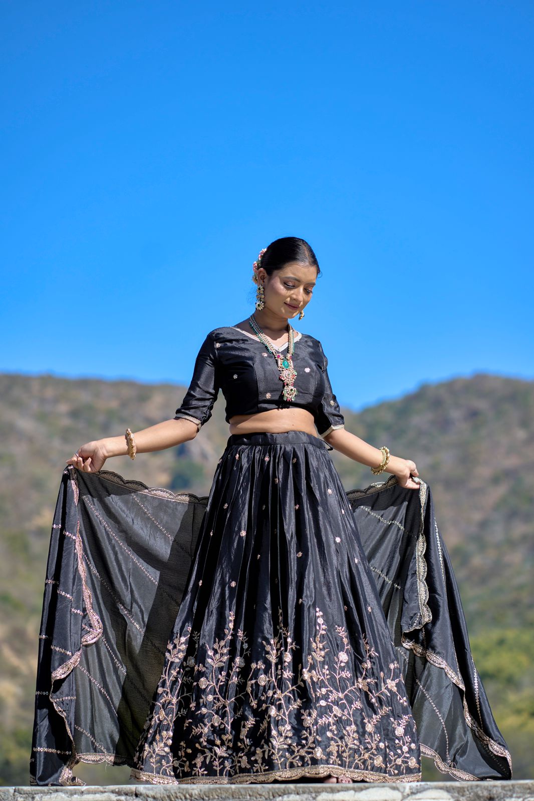Elegant Chinon Thread Zari Embroidered Lehenga Choli Set - Ethnicwish