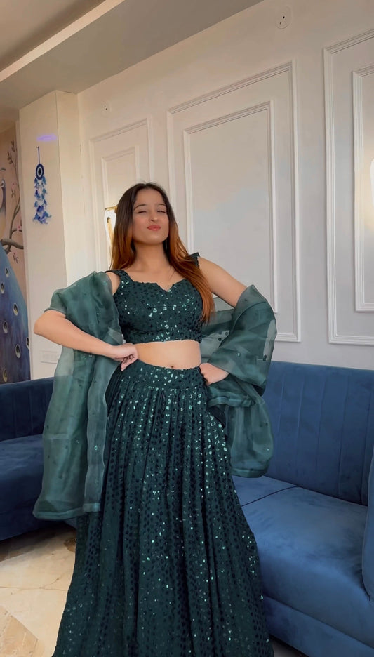 Glamorous Green Georgette Lehenga Set – Shine with Elegance