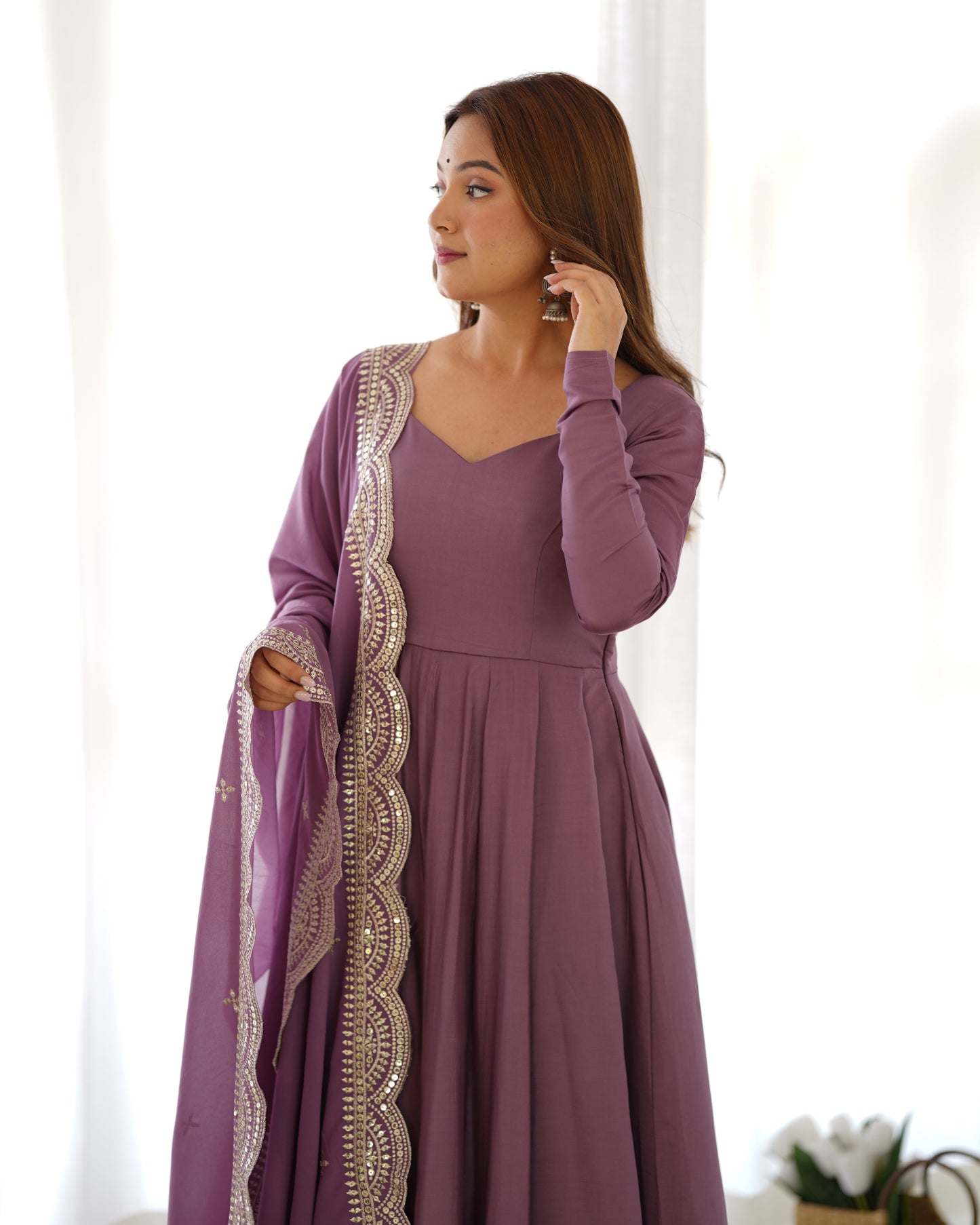 Exquisite Pure Romansilk Chanderi Designer Anarkali Pant Suit - Ethnicwish