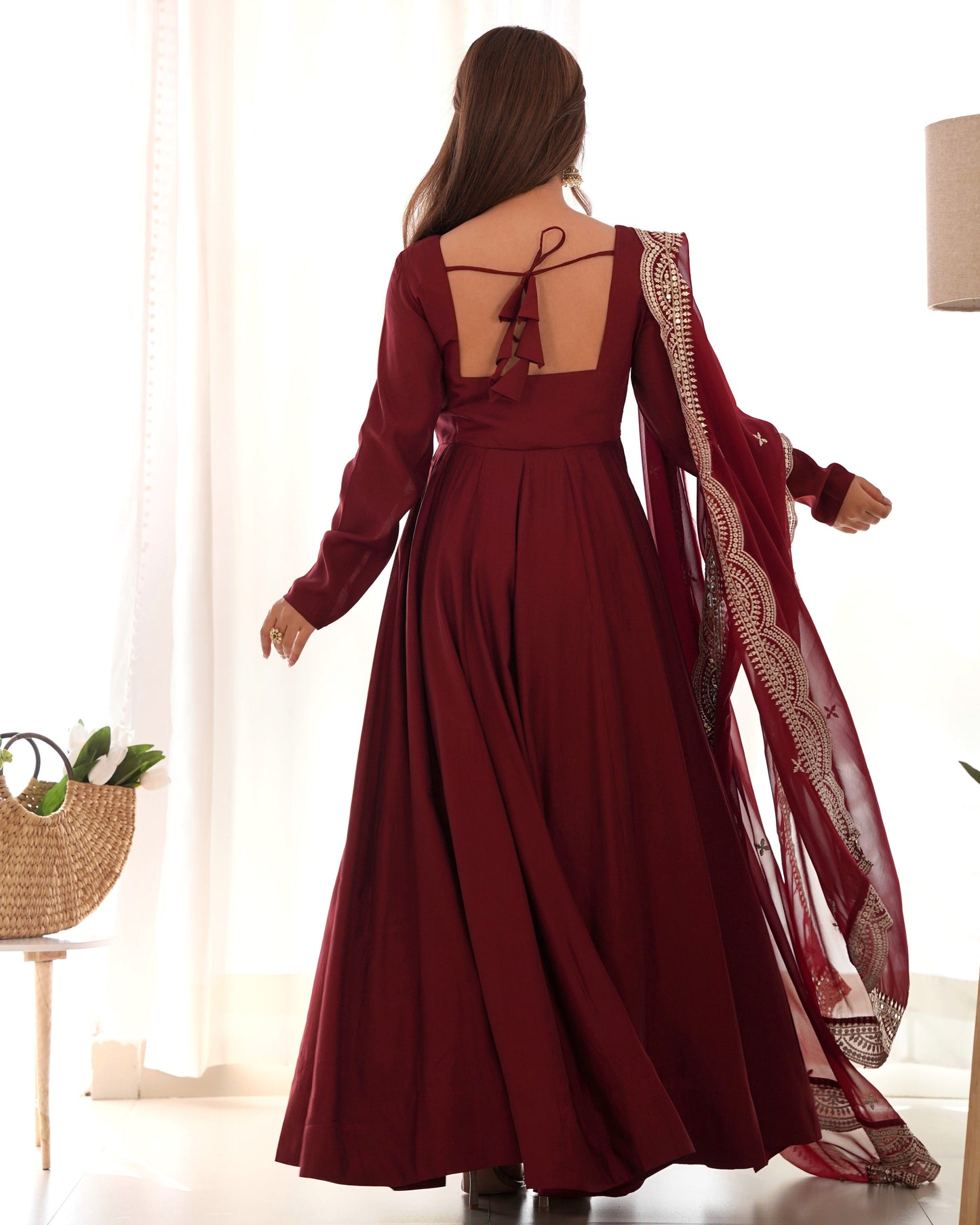 Exquisite Pure Romansilk Chanderi Designer Anarkali Pant Suit - Ethnicwish