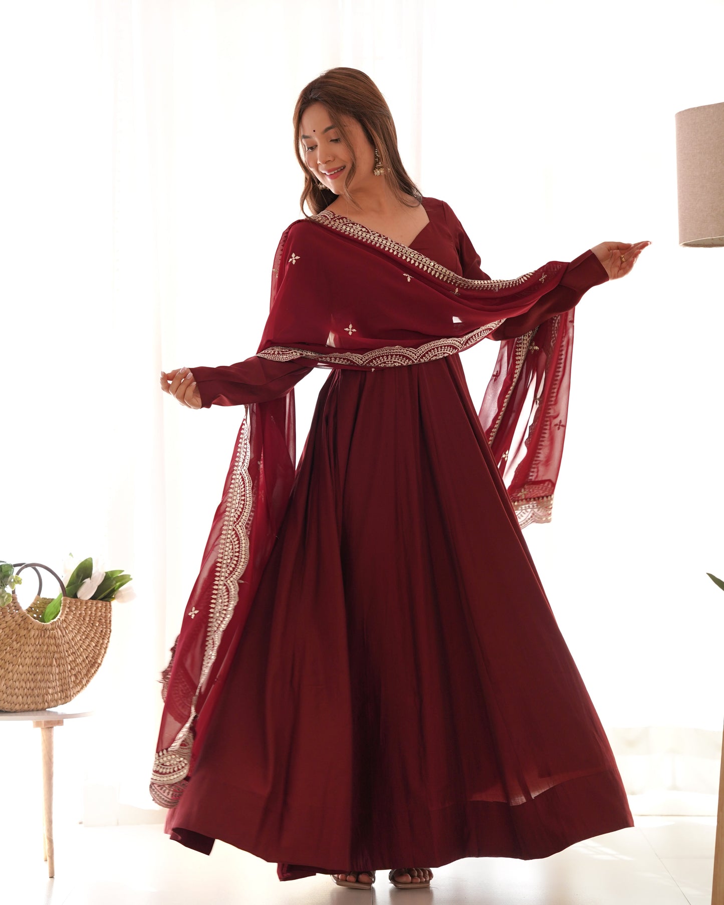Exquisite Pure Romansilk Chanderi Designer Anarkali Pant Suit - Ethnicwish