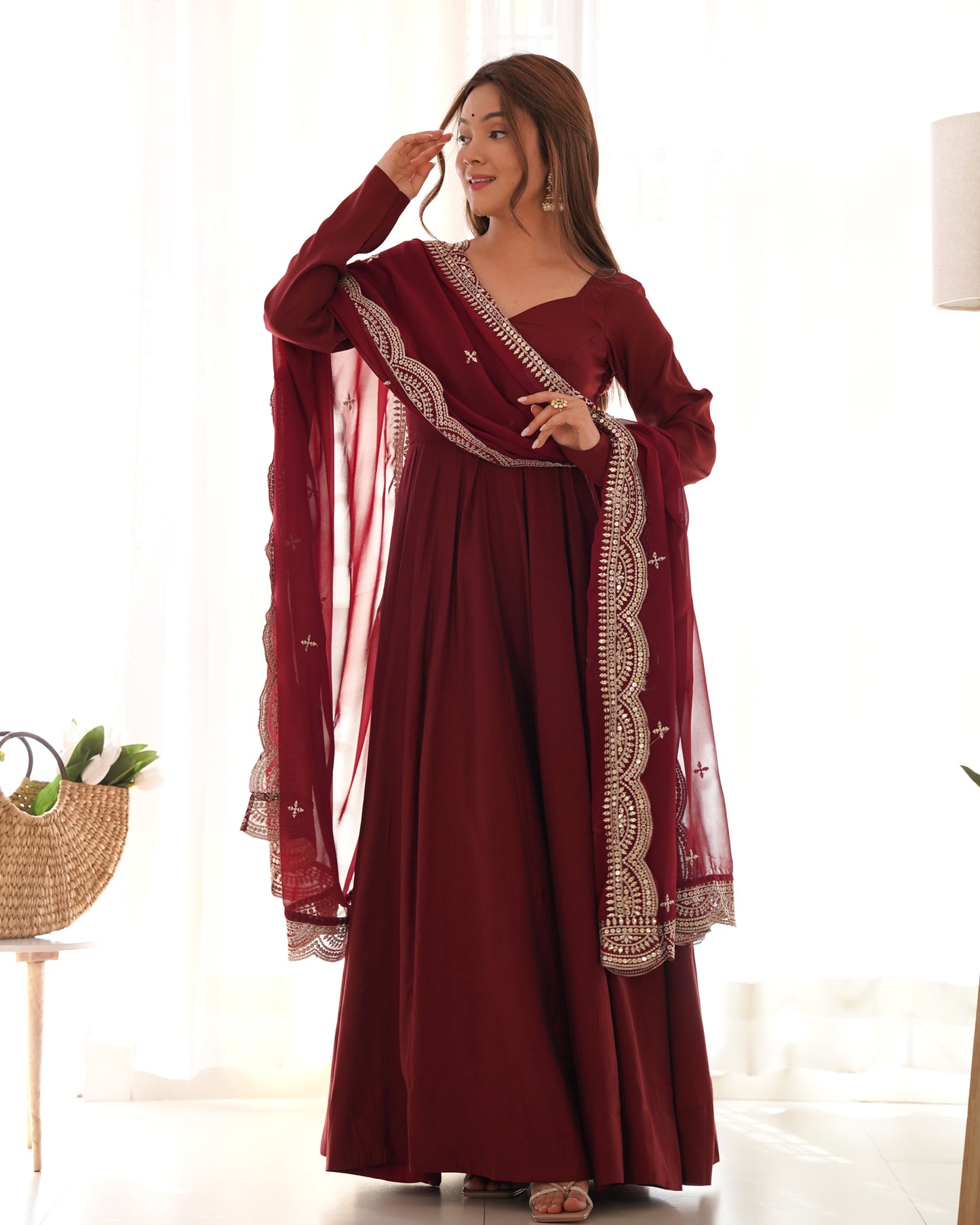 Exquisite Pure Romansilk Chanderi Designer Anarkali Pant Suit - Ethnicwish