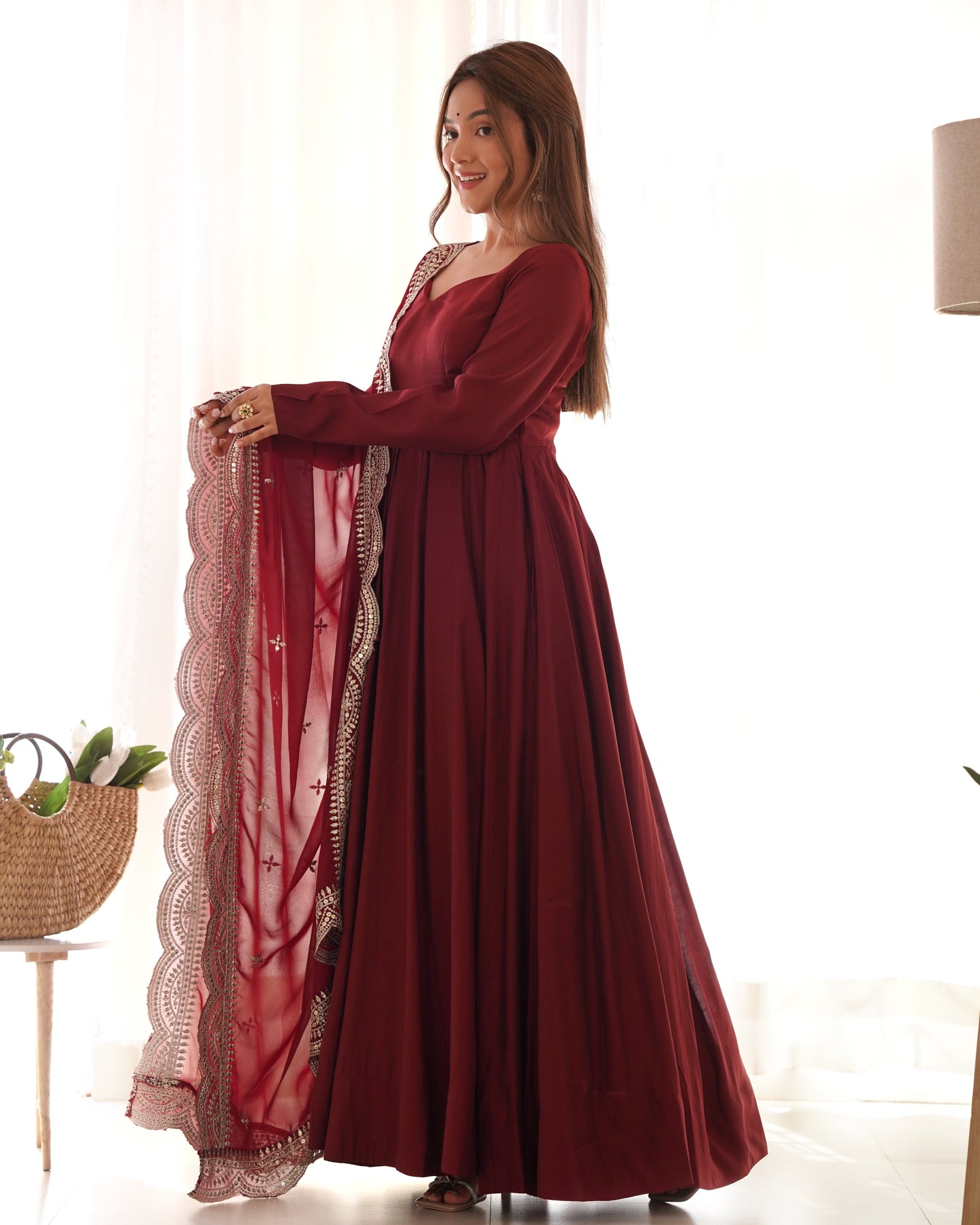 Exquisite Pure Romansilk Chanderi Designer Anarkali Pant Suit - Ethnicwish