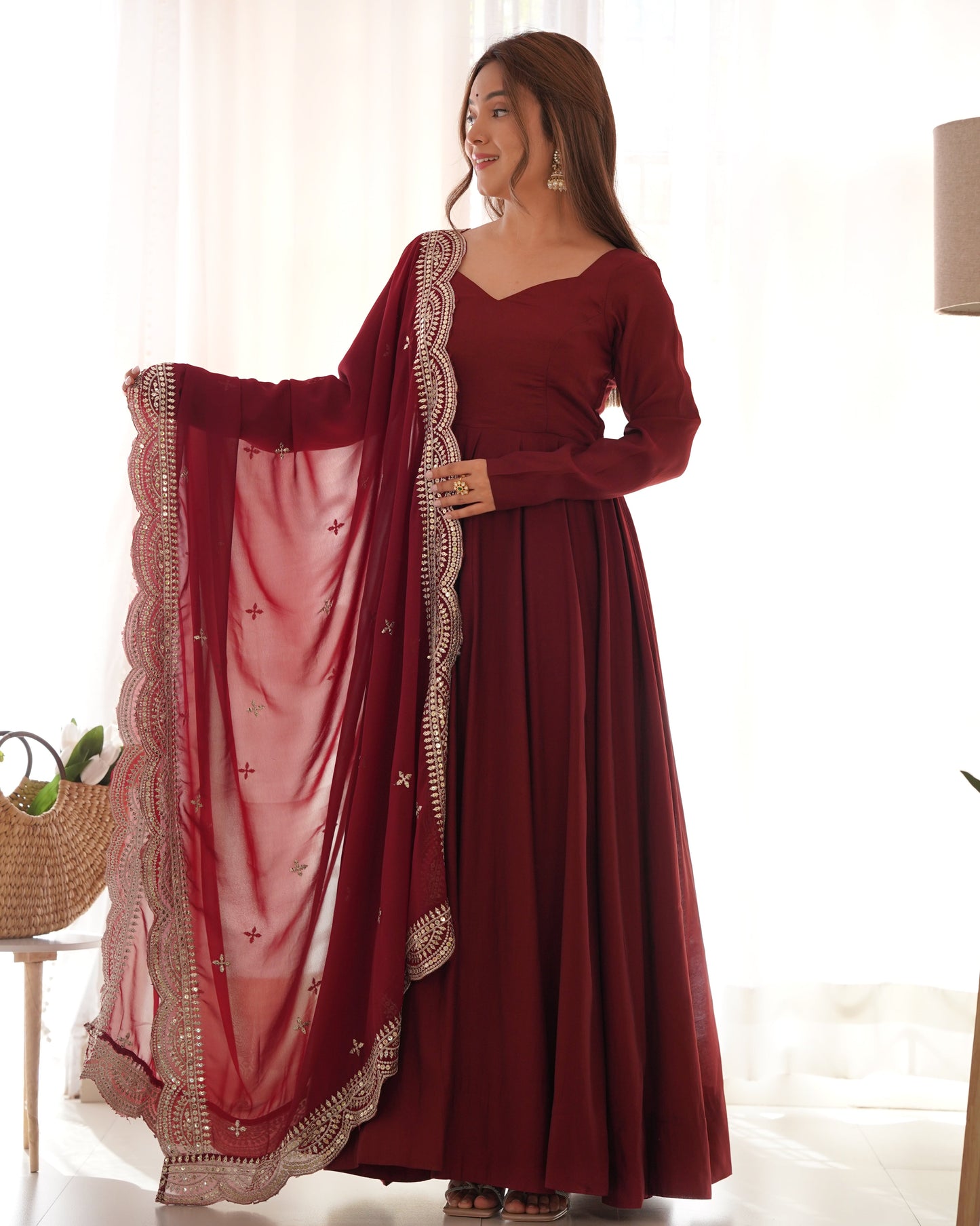 Exquisite Pure Romansilk Chanderi Designer Anarkali Pant Suit - Ethnicwish