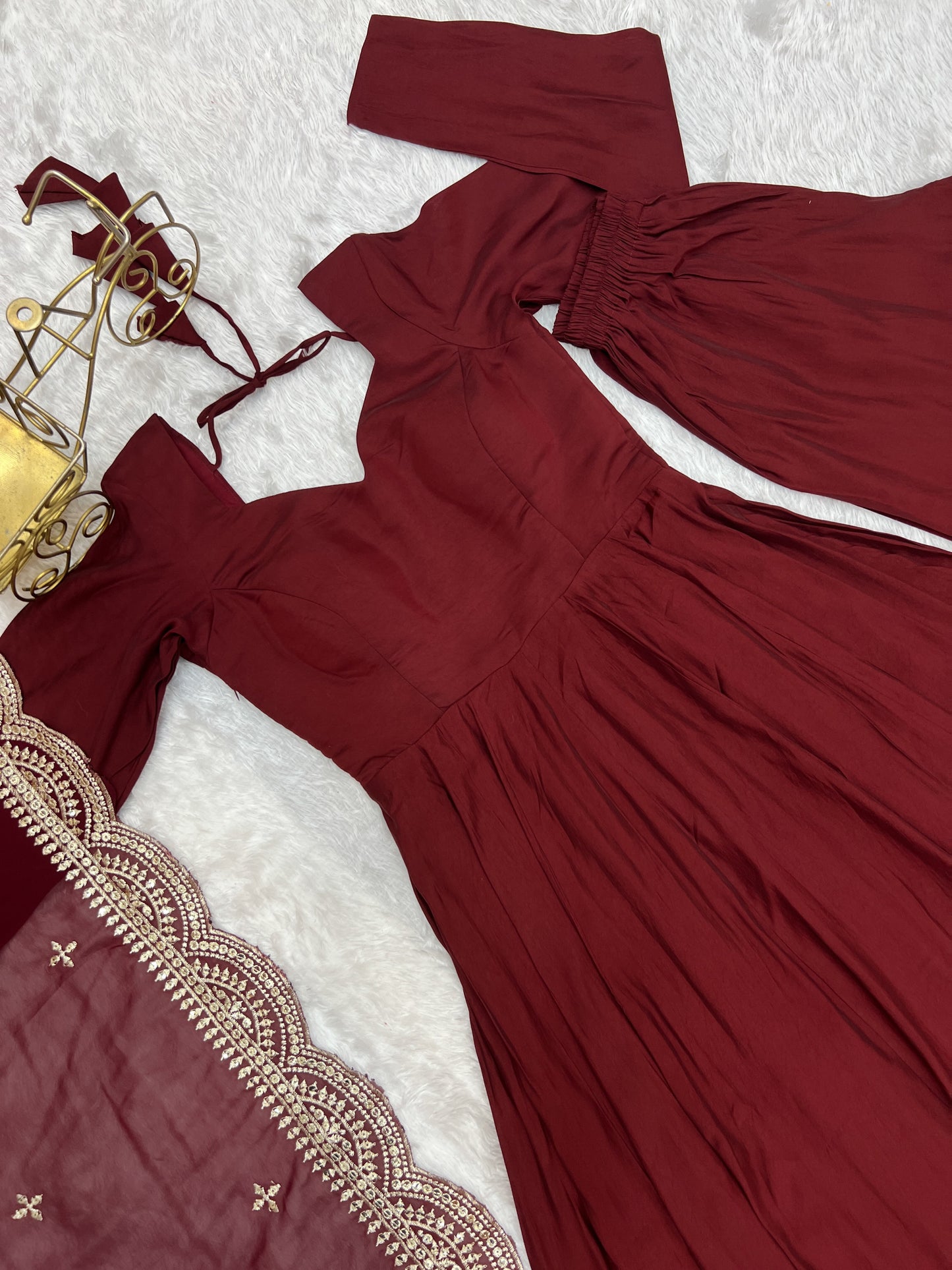 Exquisite Pure Romansilk Chanderi Designer Anarkali Pant Suit - Ethnicwish