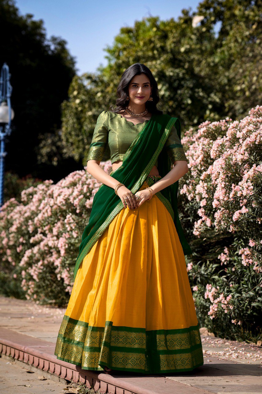 Entrancing Kanchipuram Silk Zari Weaving Worked Lehenga Choli - Ethnicwish