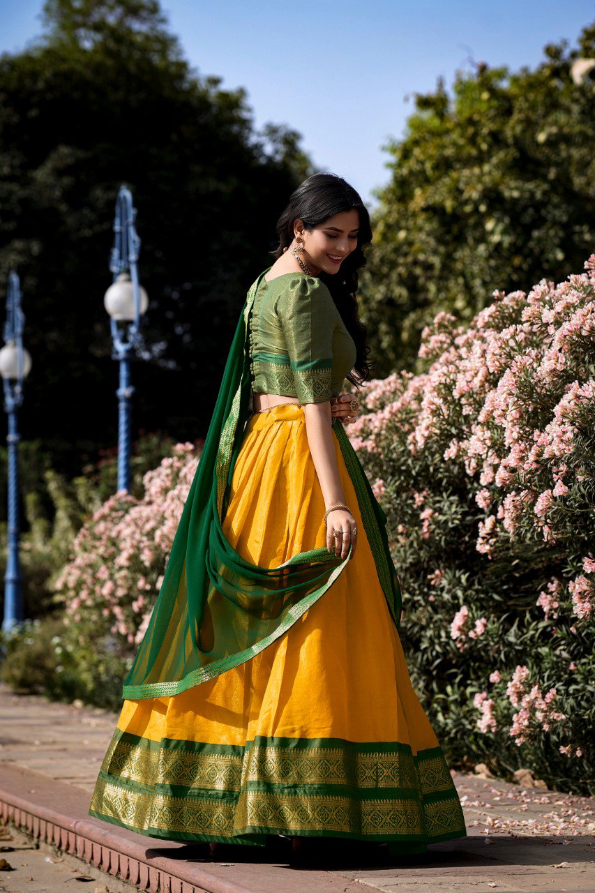 Entrancing Kanchipuram Silk Zari Weaving Worked Lehenga Choli - Ethnicwish
