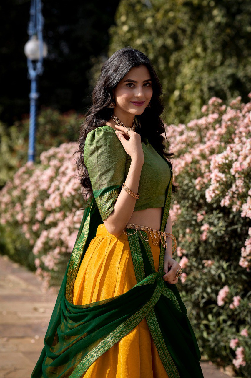 Entrancing Kanchipuram Silk Zari Weaving Worked Lehenga Choli - Ethnicwish