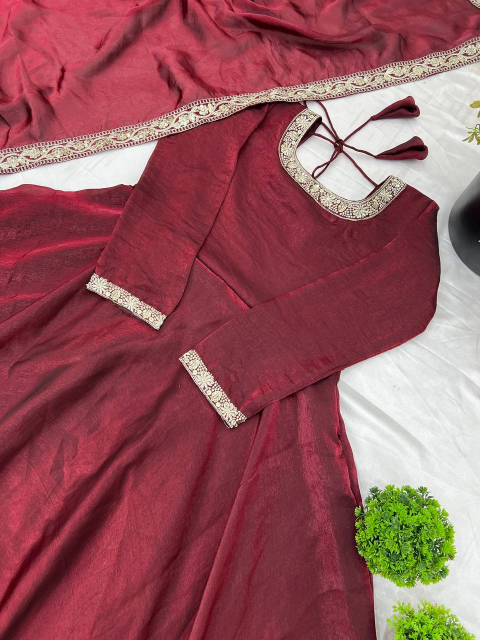 Gorgeous Fendi Silk Sequins Embroidered Fully Stitched Anarkali With Dupatta