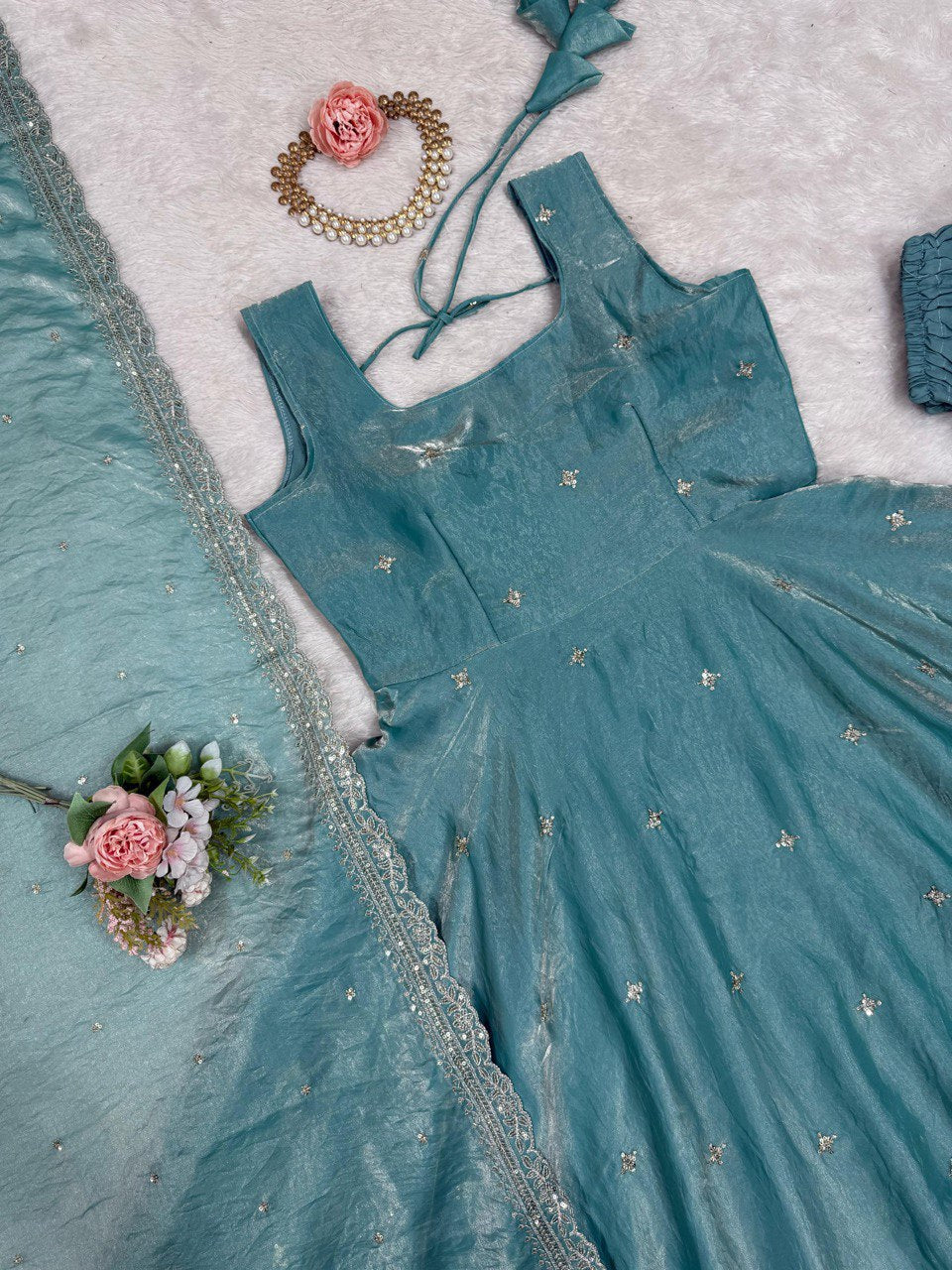 Stylish Cyan Fendy Silk Thread Sequins Worked Anarkali Pant Suit