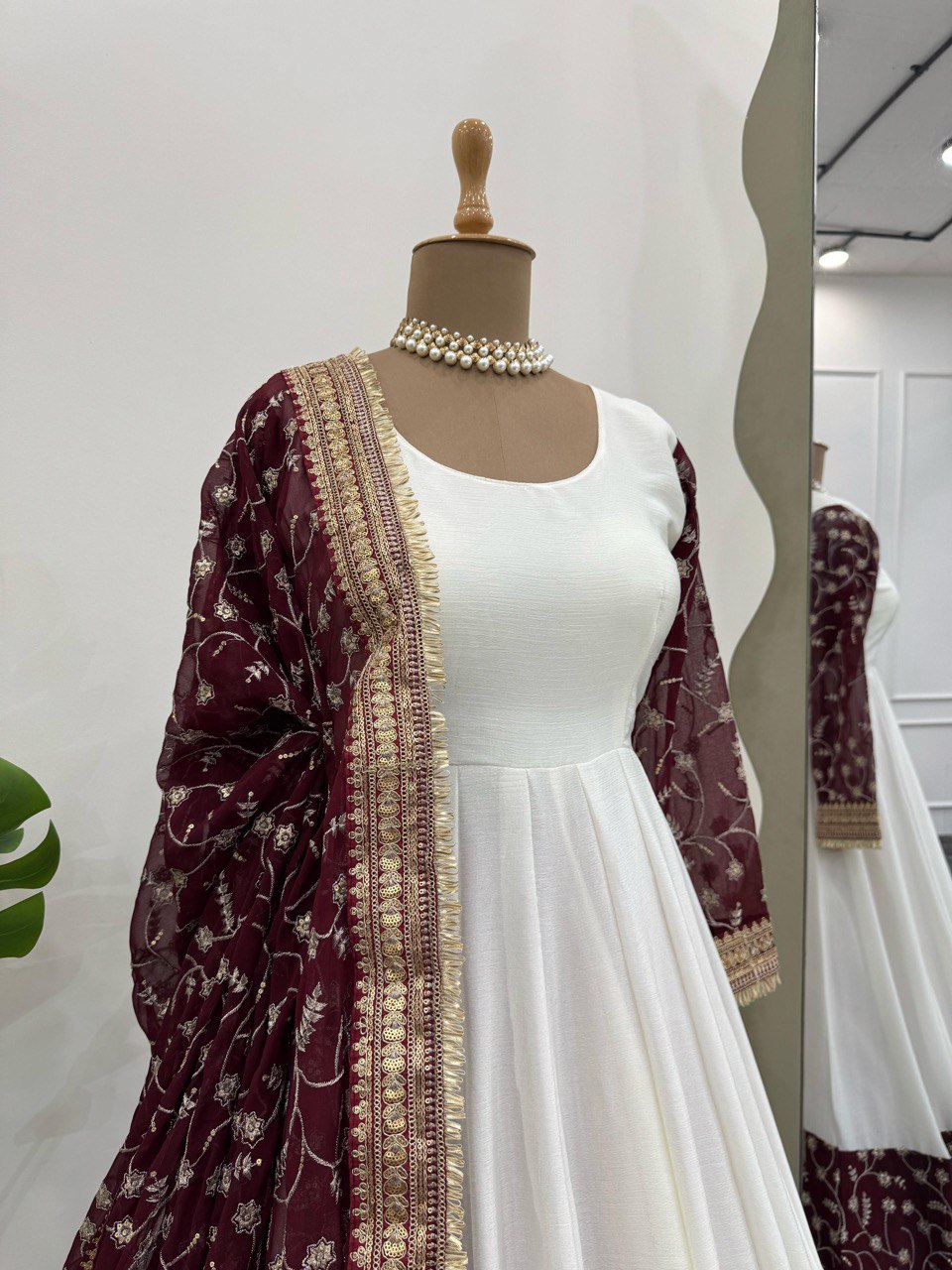 Exquisite White Chinon Silk Thread Sequins Worked Suit With Dupatta