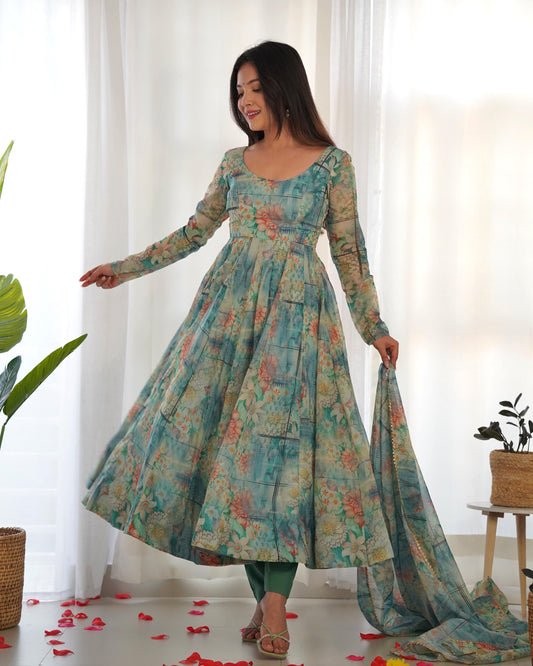 Graceful Organza Silk Intricate Printed Fully Stitched Anarkali Pant Suit - Ethnicwish