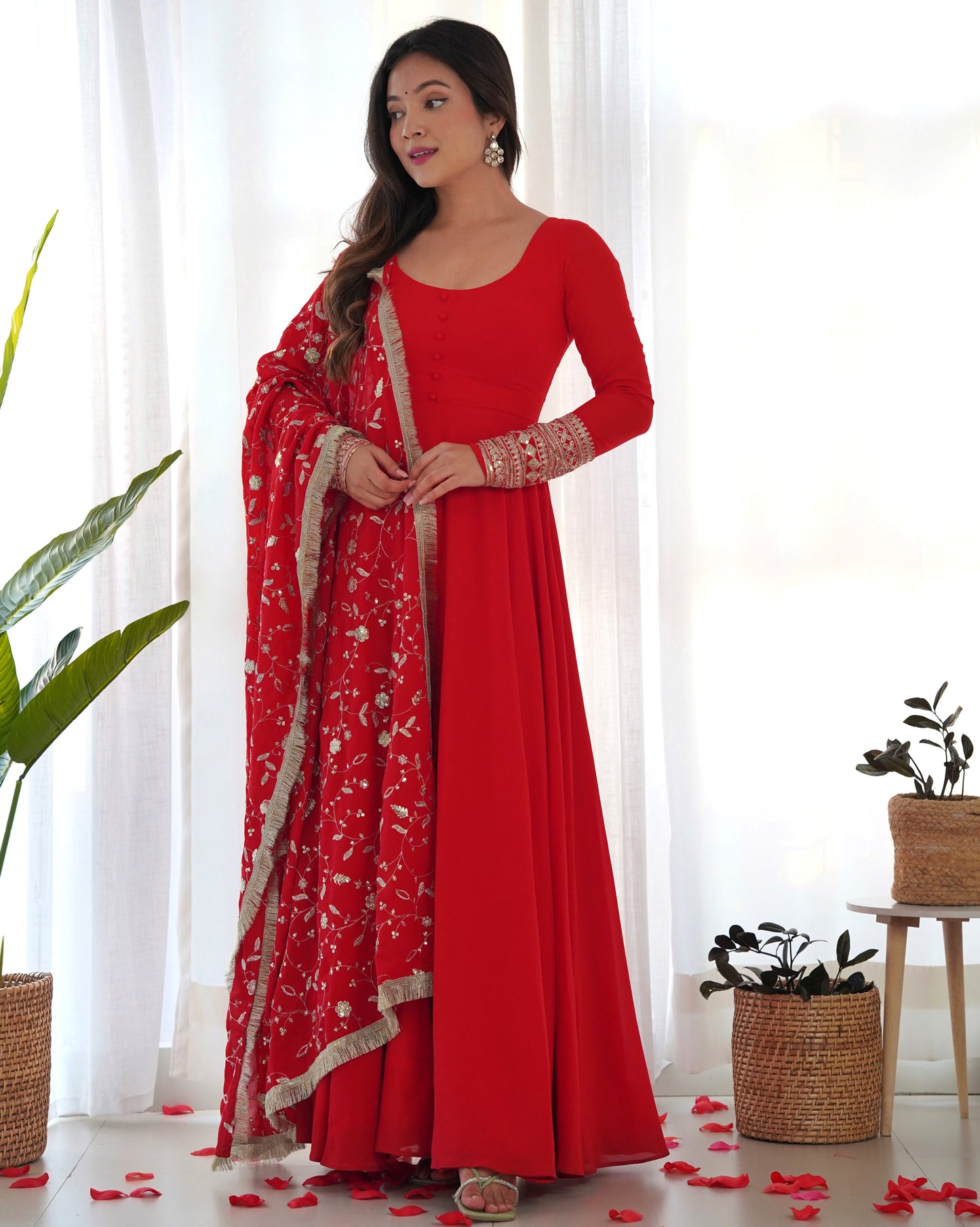 Premium Red Color Georgette Gown With Embroidery Sequence