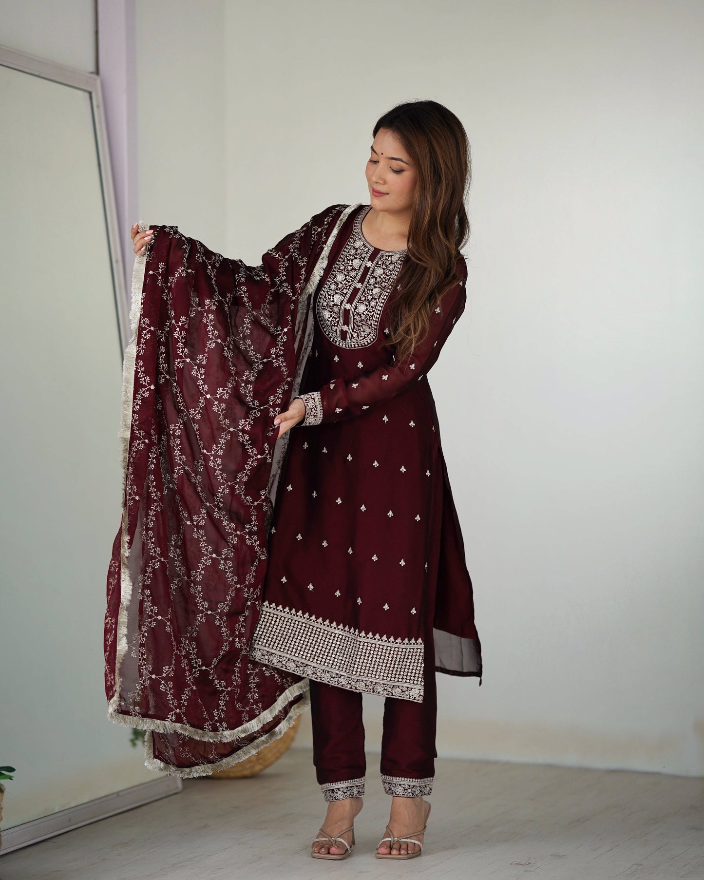 Appealing Rangoli Silk Sequins Embroidered Straight Top Pant Suit - Ethnicwish