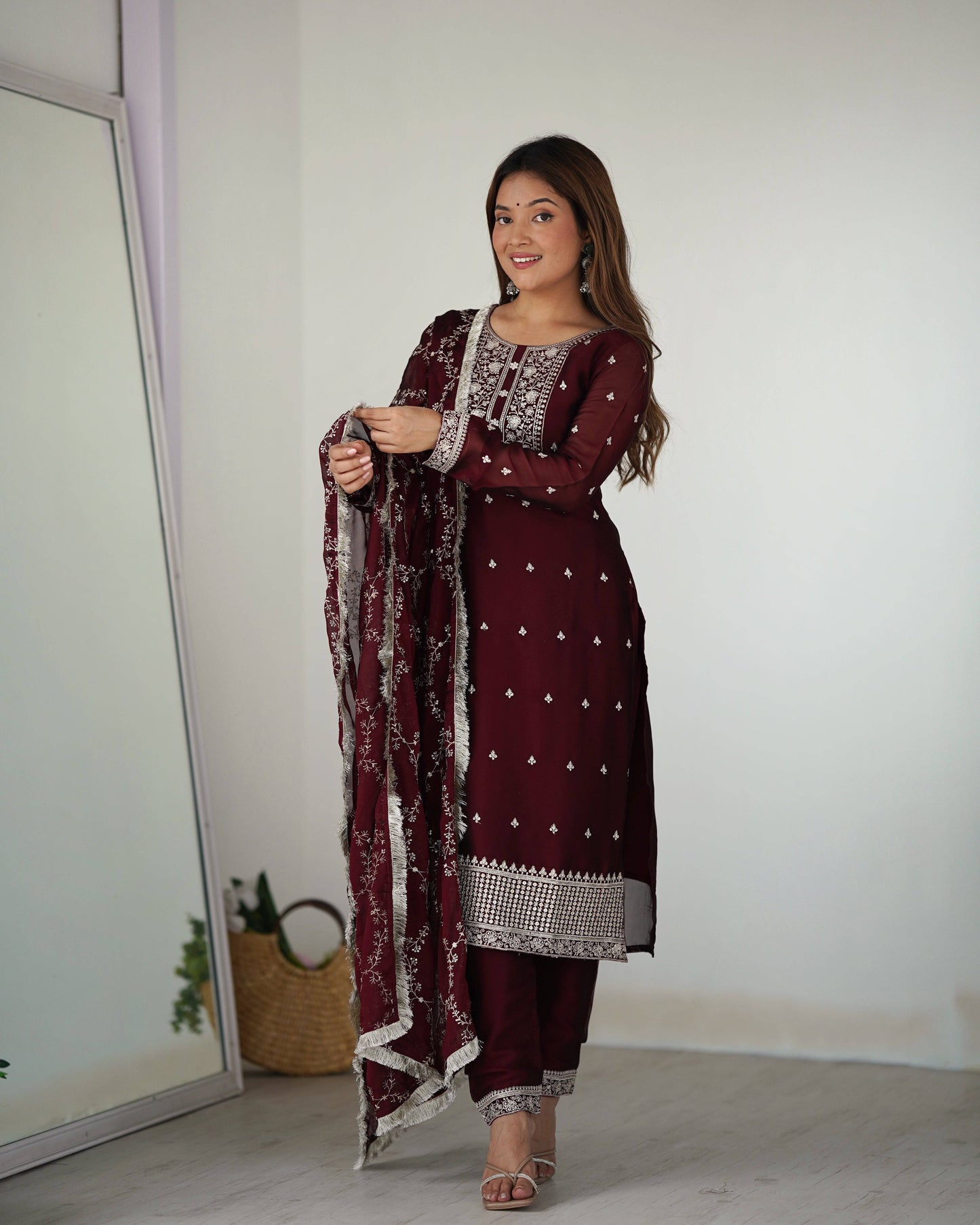 Appealing Rangoli Silk Sequins Embroidered Straight Top Pant Suit - Ethnicwish