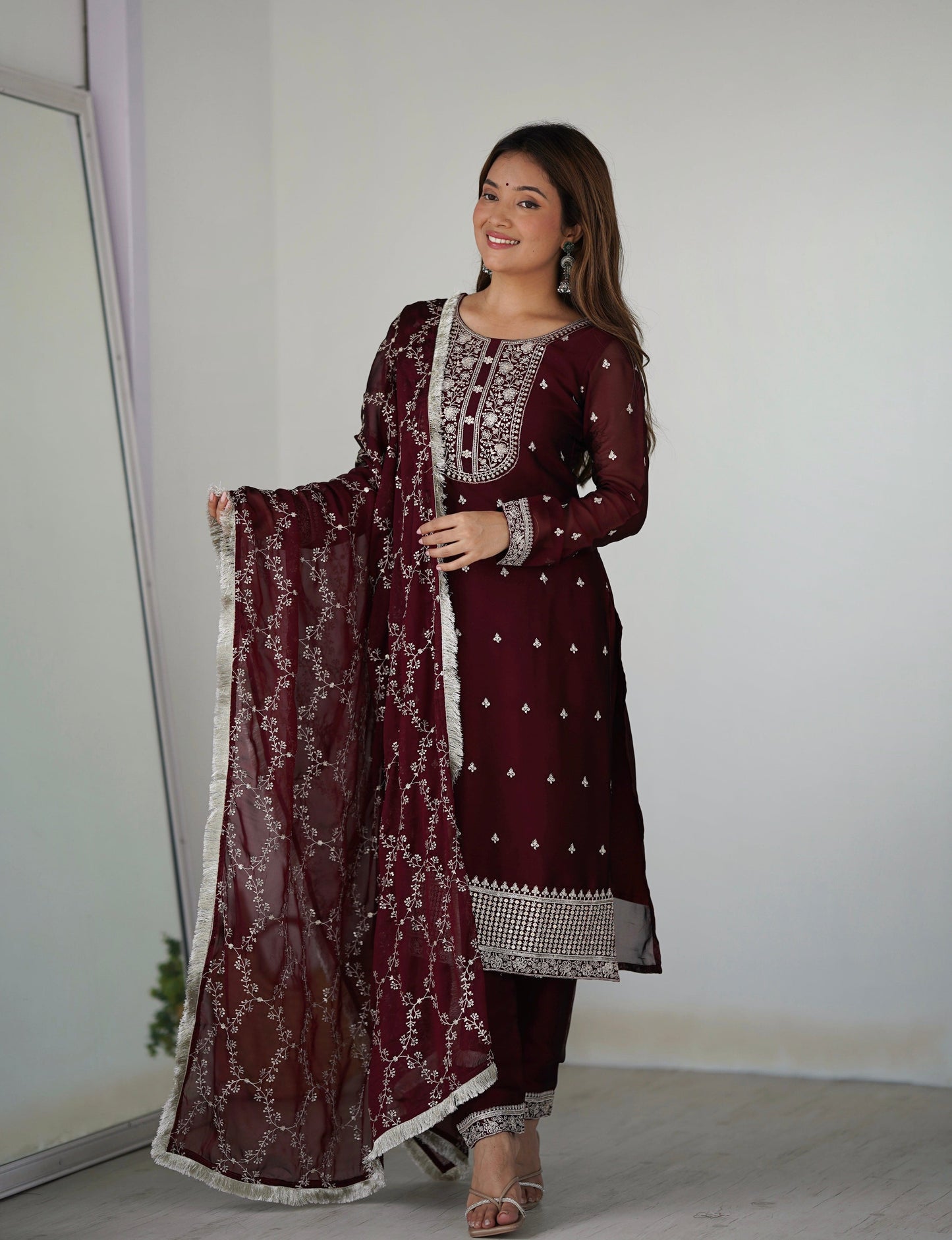 Appealing Rangoli Silk Sequins Embroidered Straight Top Pant Suit - Ethnicwish
