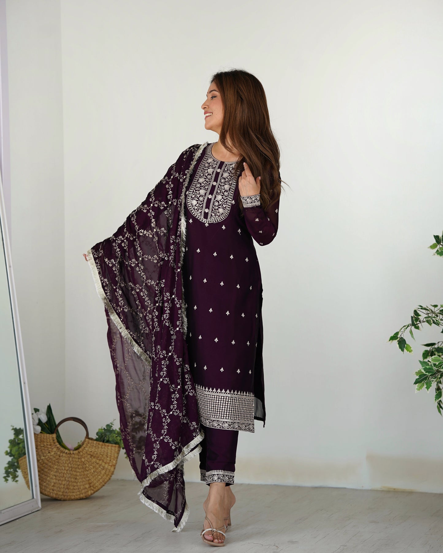 Appealing Rangoli Silk Sequins Embroidered Straight Top Pant Suit - Ethnicwish