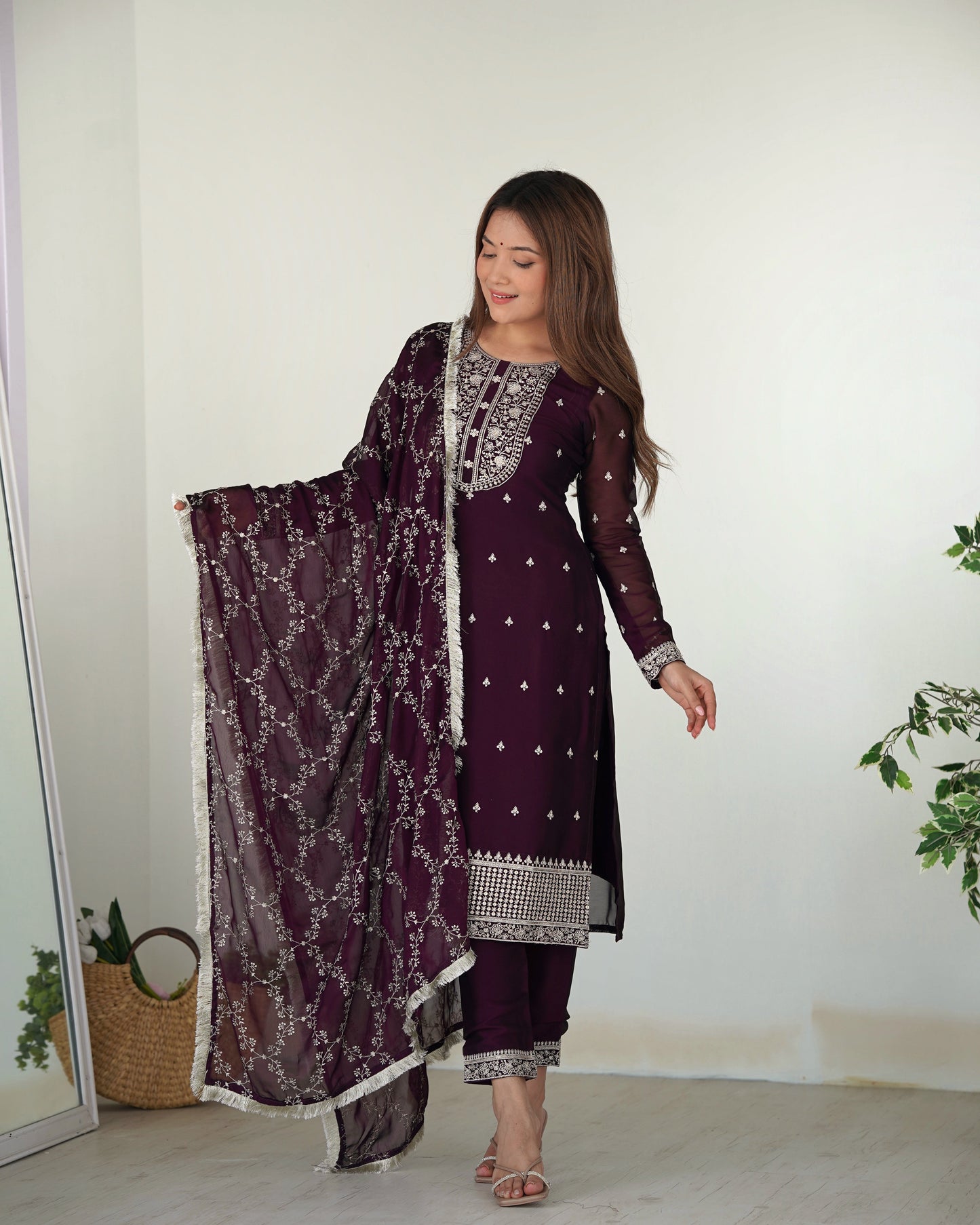 Appealing Rangoli Silk Sequins Embroidered Straight Top Pant Suit - Ethnicwish