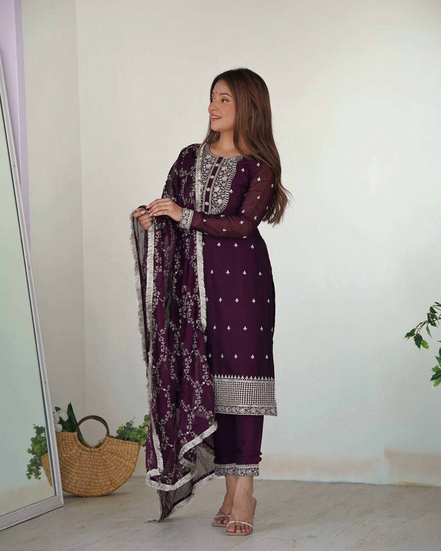 Appealing Rangoli Silk Sequins Embroidered Straight Top Pant Suit - Ethnicwish