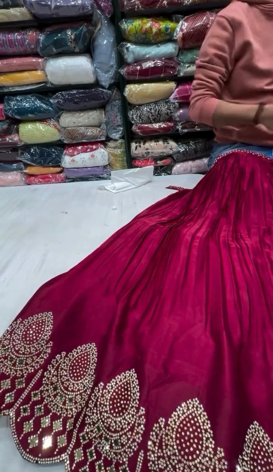 Premium Wine Satin Silk Lehenga Choli with Stone & Real Mirror Work