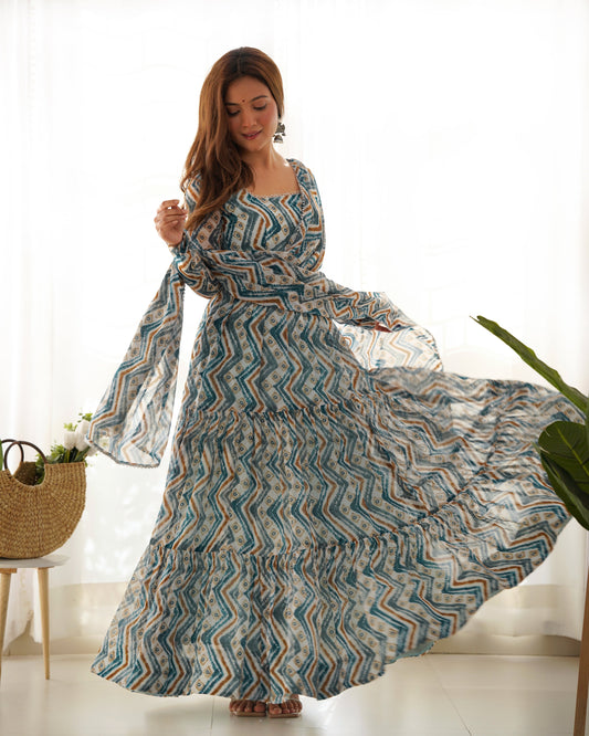 Resplendent Faux Georgette Zigzag Printed Anarkali Pant Suit - Ethnicwish