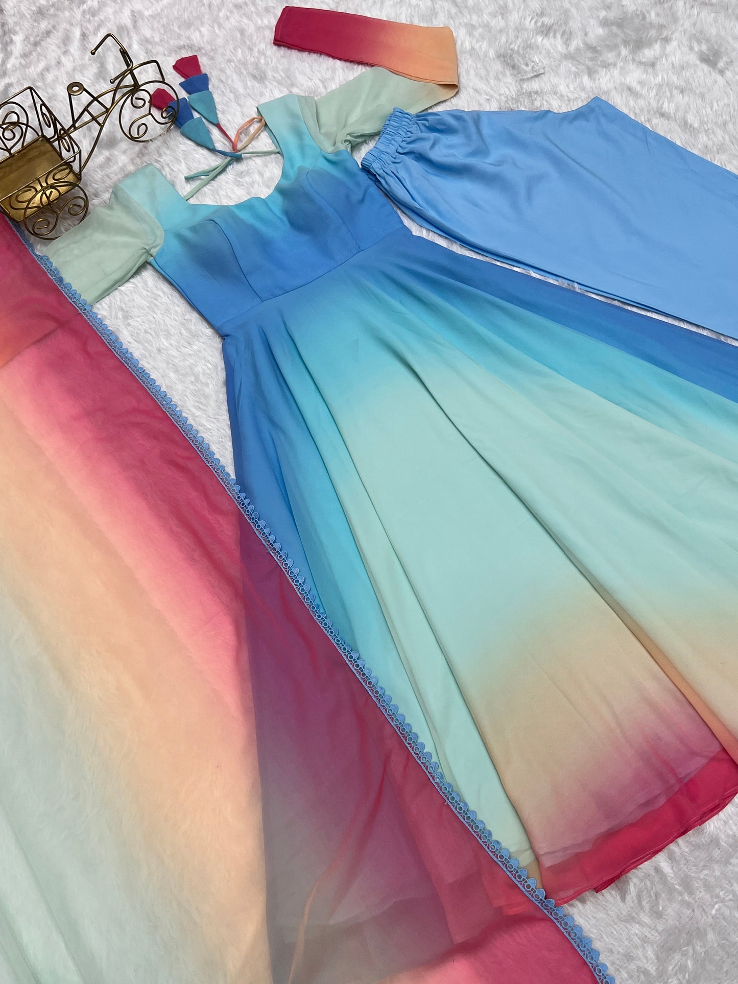 Enchanting Shaded Faux Georgette Fully Stitched Anarkali Pant Suit - Ethnicwish