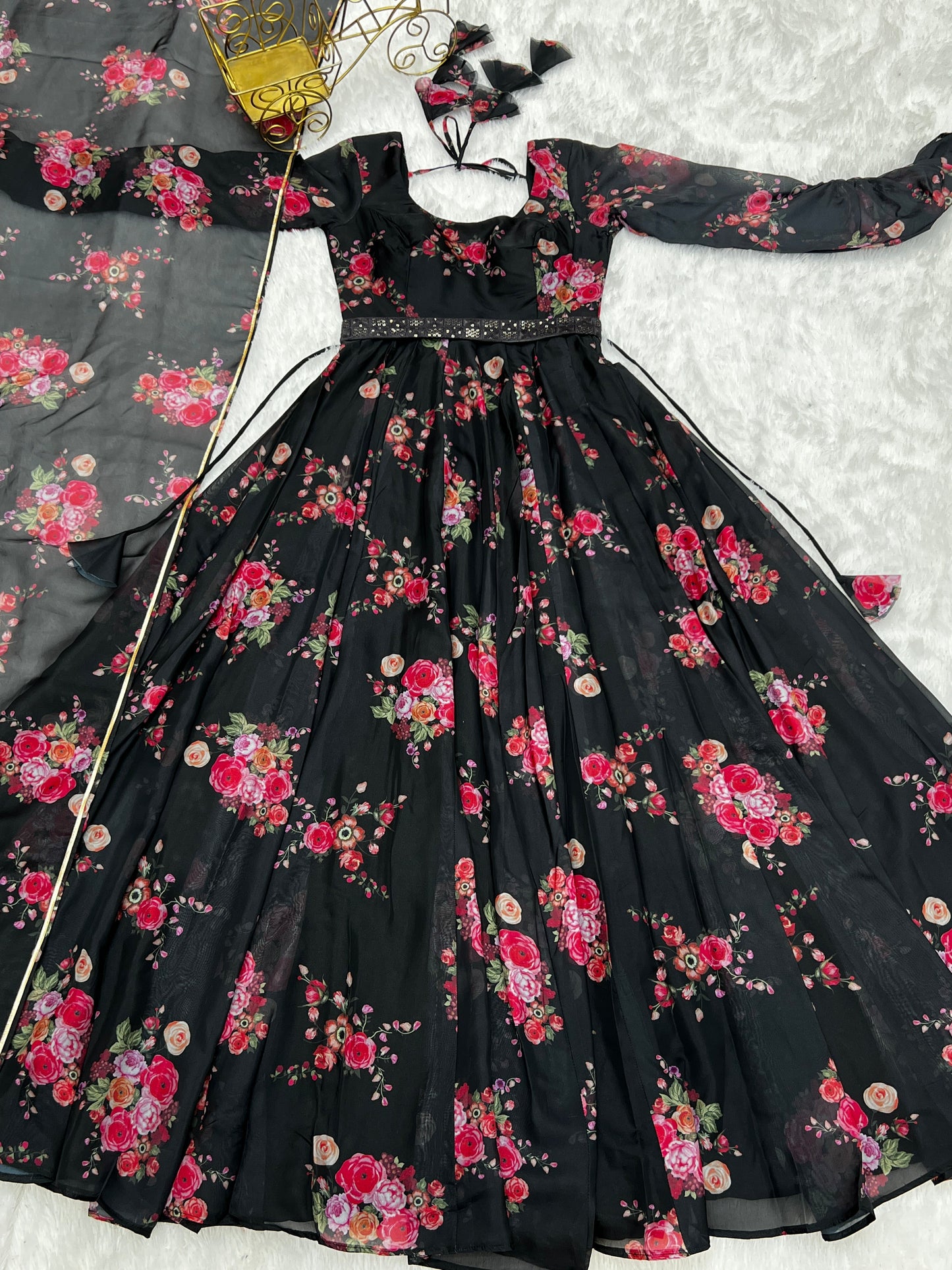 Glamorous Organza Silk Floral Printed Designer Anarkali Pant Suit - Ethnicwish